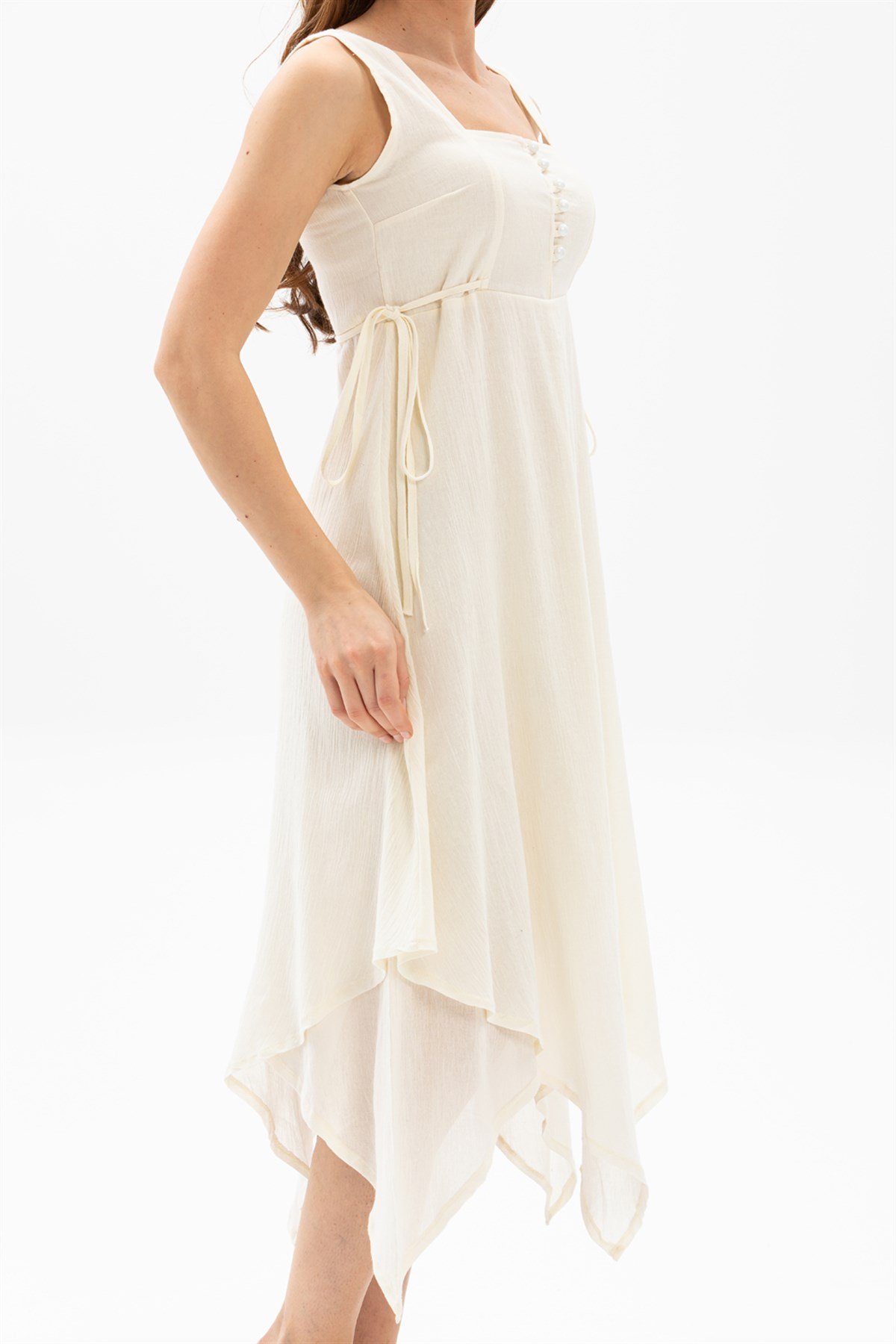 Üçgen Katlı Şile Bezi Elbise Krem