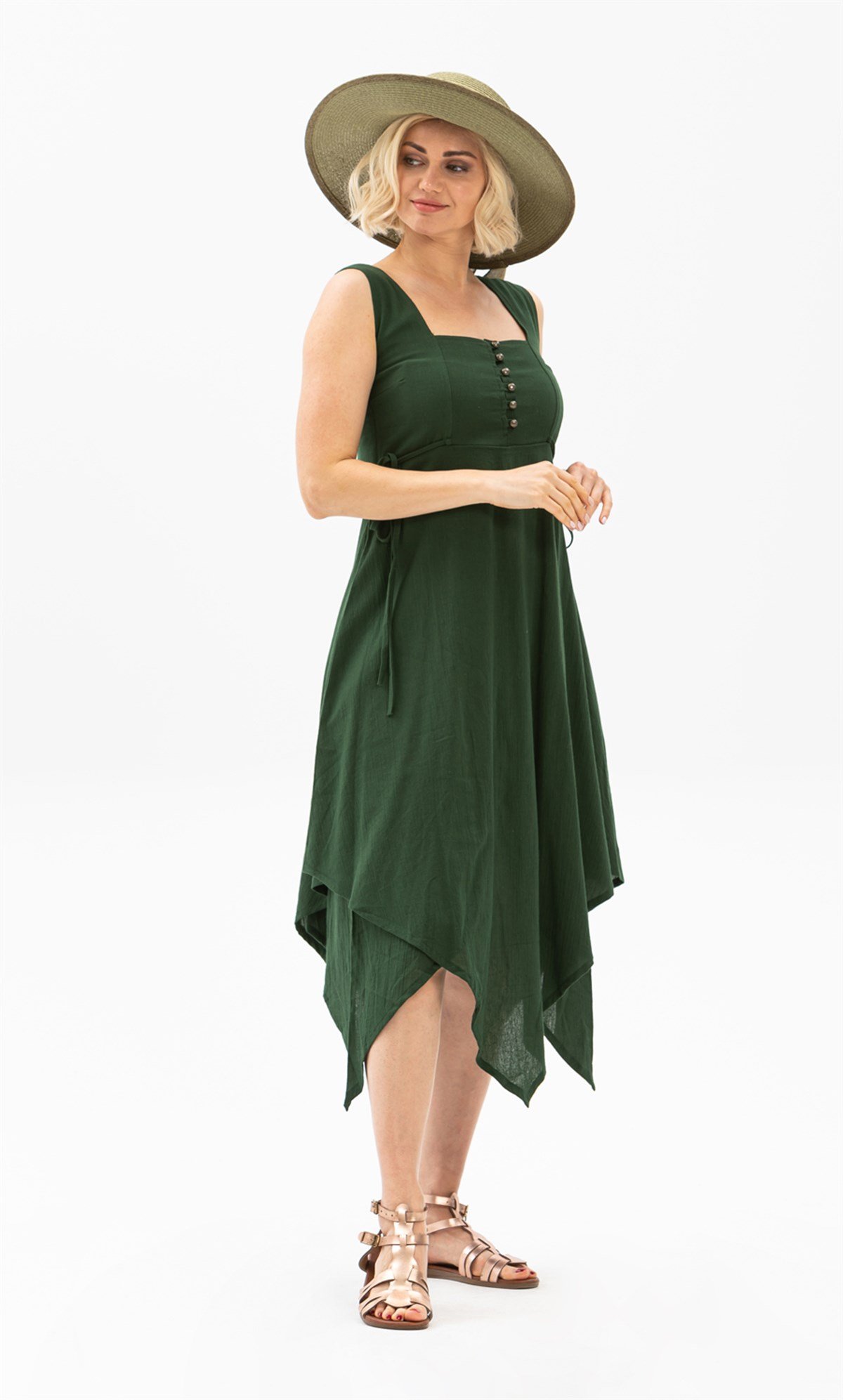 Üçgen Katlı Şile Bezi Elbise Yeşil