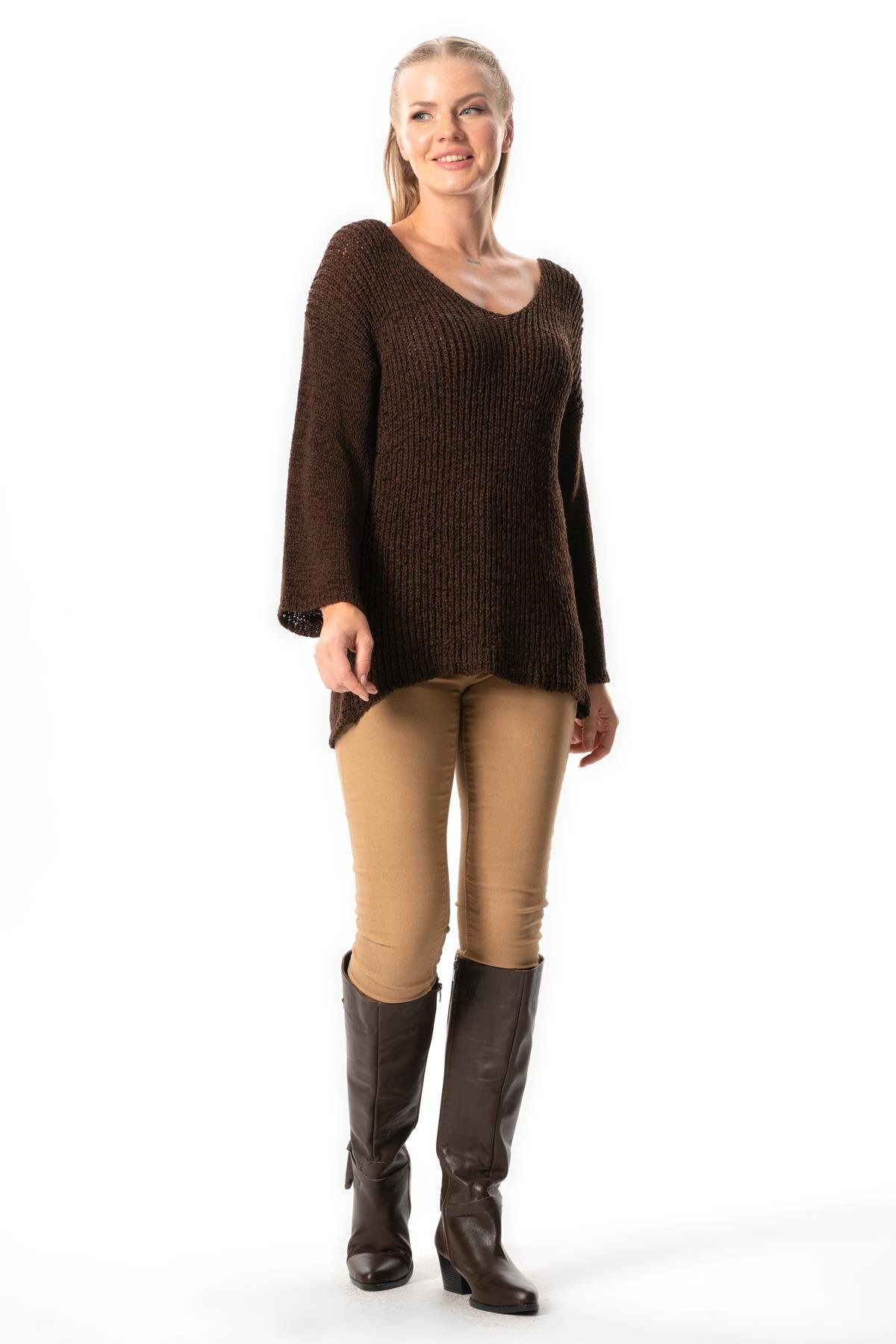 Long Sleeve Ahunaz Autumn and Winter Sweater Blouse Coffee