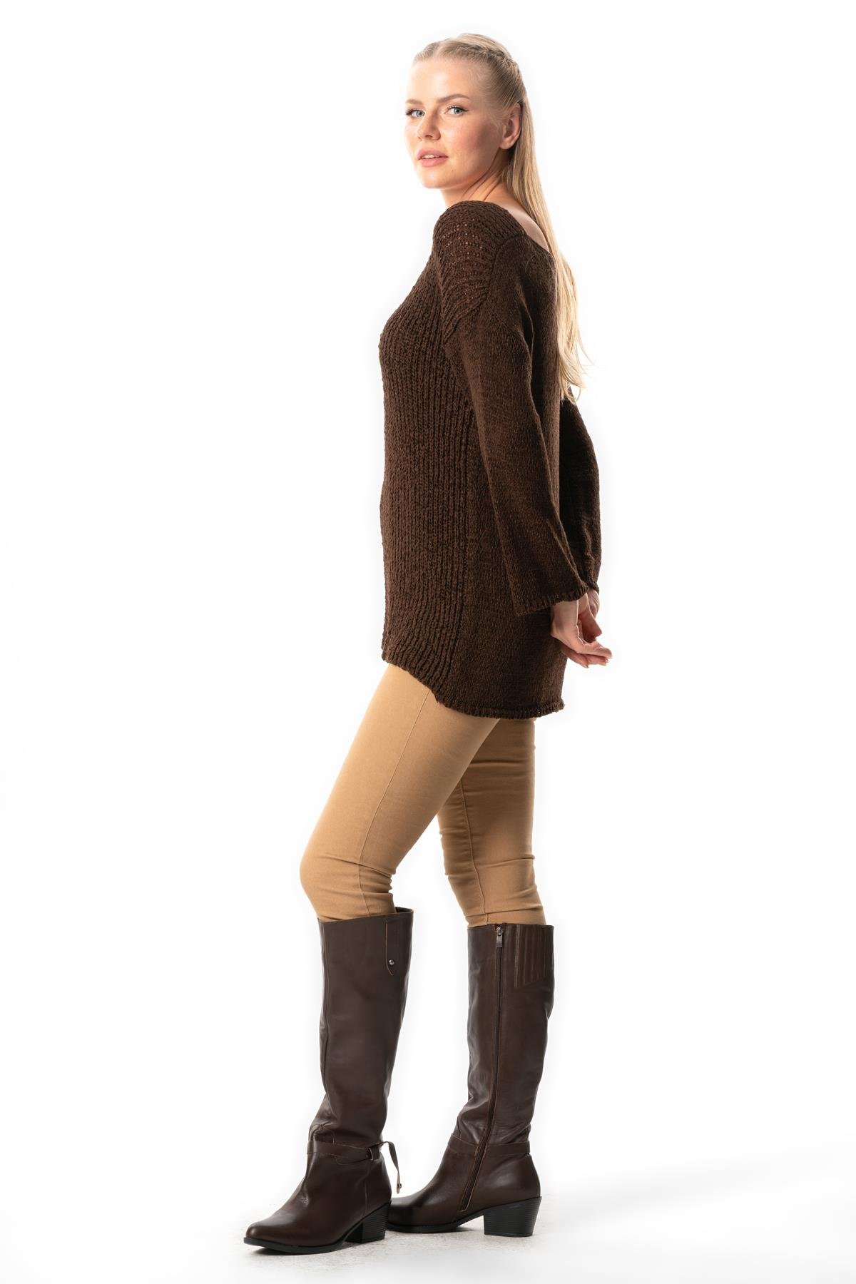 Long Sleeve Ahunaz Autumn and Winter Sweater Blouse Coffee