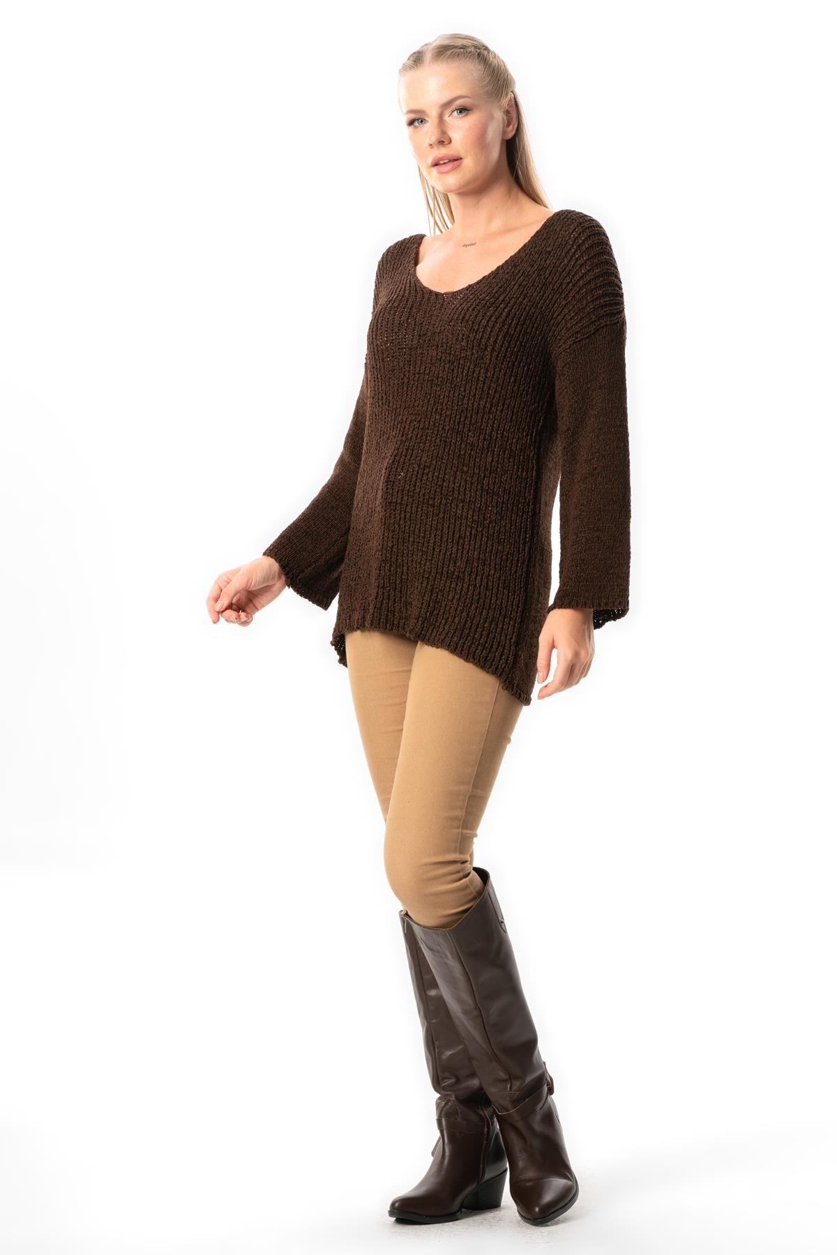 Long Sleeve Ahunaz Autumn and Winter Sweater Blouse Coffee