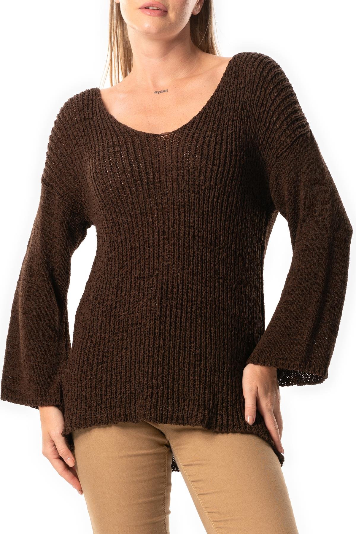 Long Sleeve Ahunaz Autumn and Winter Sweater Blouse Coffee