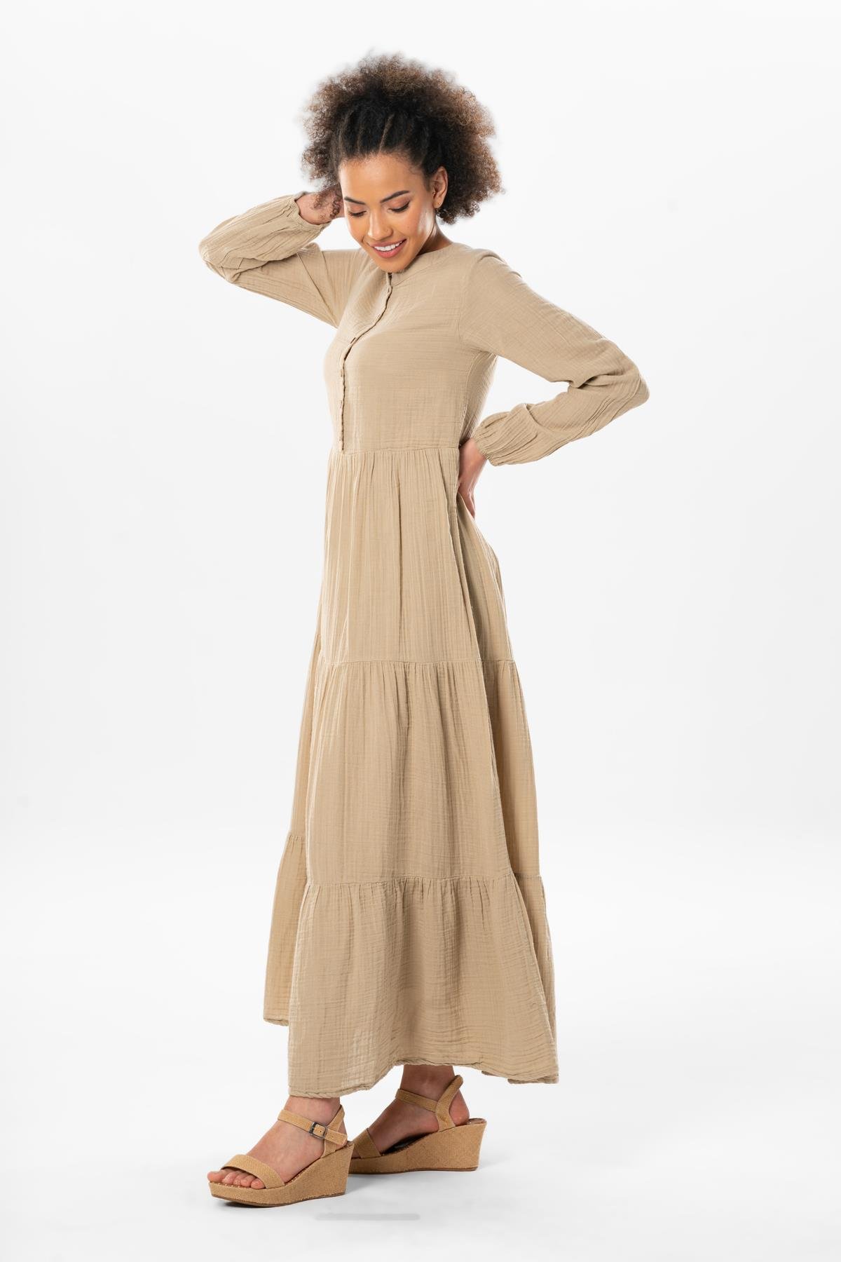 Uzun Kol Akay Uzun Düğme Detay Yazlık Müslin Elbise Vizon Vzn