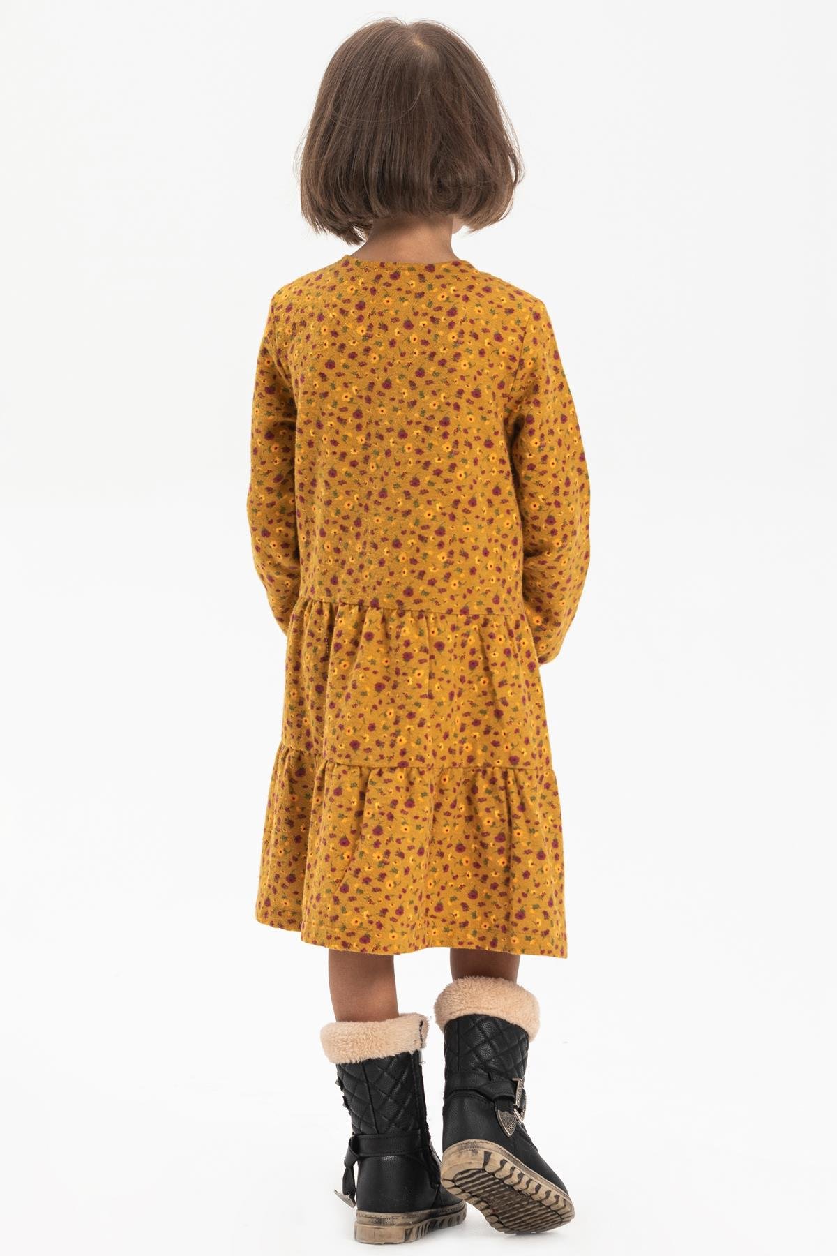 Uzun Kol Alya Çocuk Pazen Sonbahar ve Kışlık Elbise Çıtır Desen Hardal Hrd