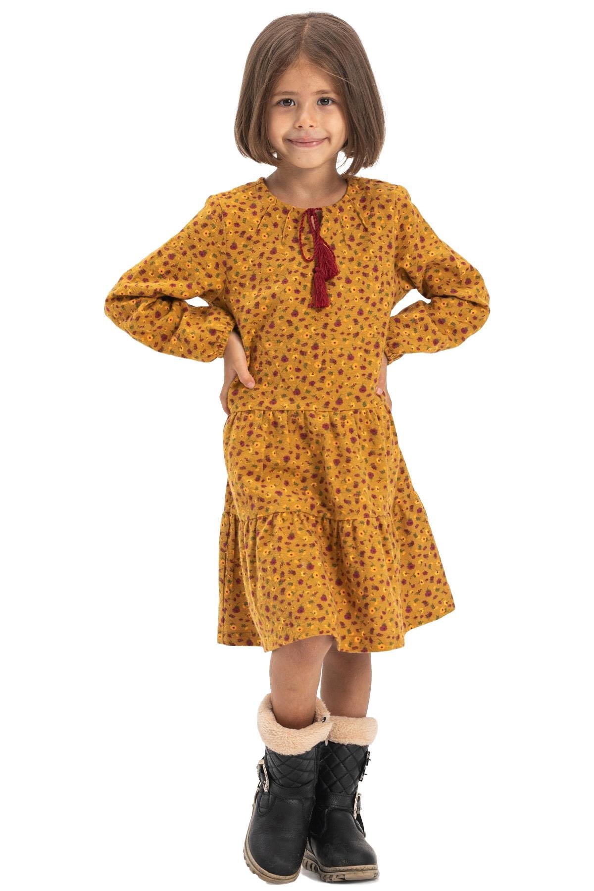 Uzun Kol Alya Çocuk Pazen Sonbahar ve Kışlık Elbise Çıtır Desen Hardal Hrd