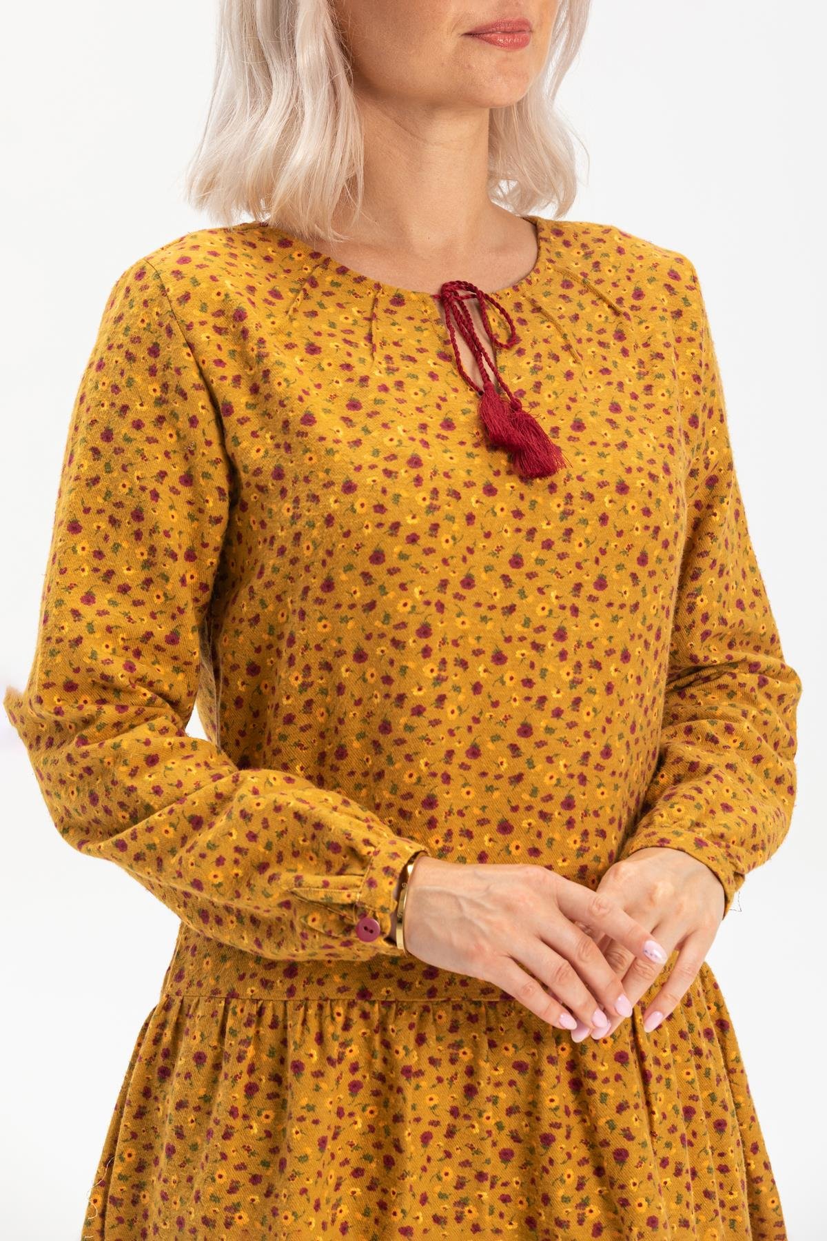 Uzun Kol Alya Pazen Kısa Sonbahar ve Kışlık Elbise Çıtır Desen Hardal Hrd