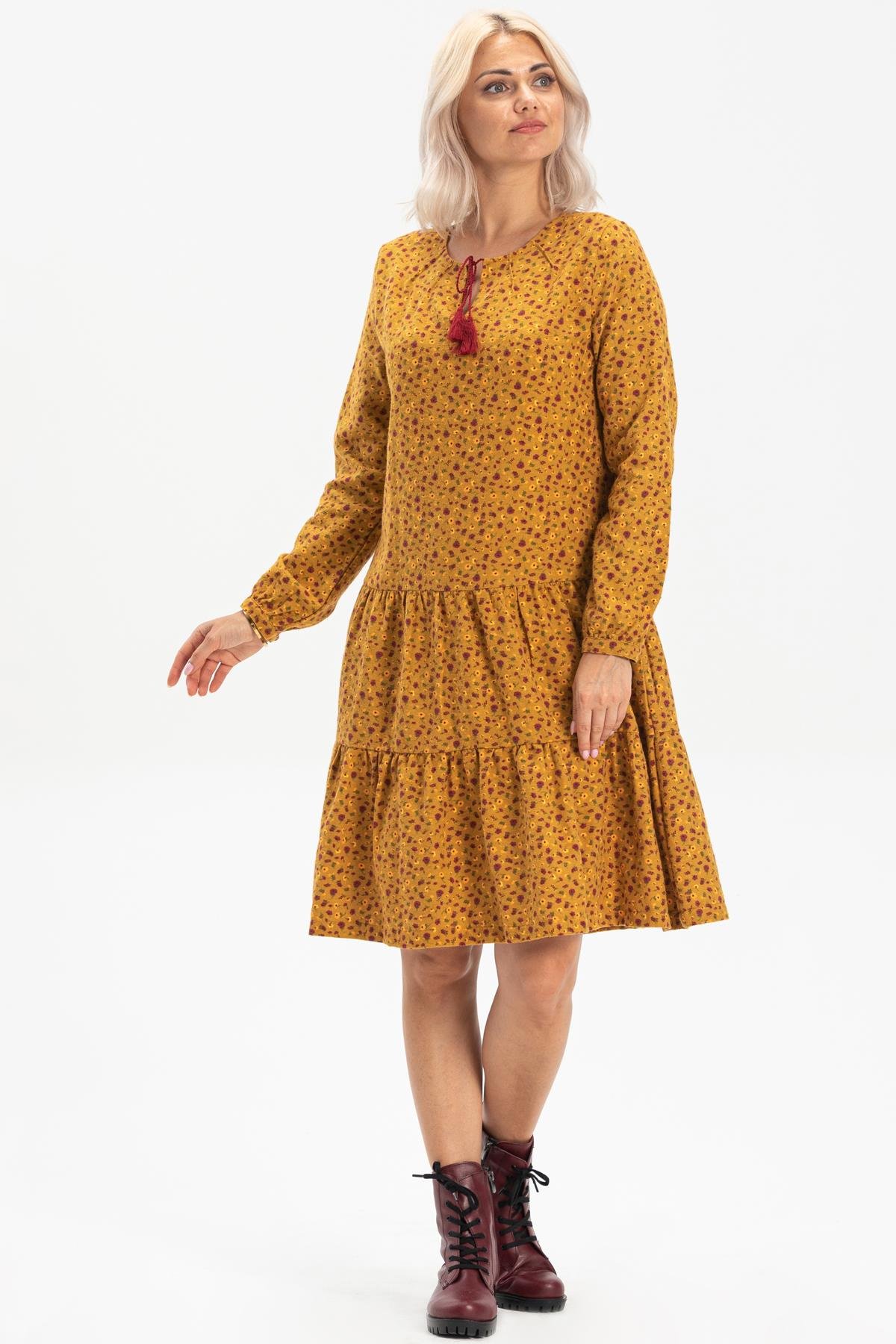 Uzun Kol Alya Pazen Kısa Sonbahar ve Kışlık Elbise Çıtır Desen Hardal Hrd