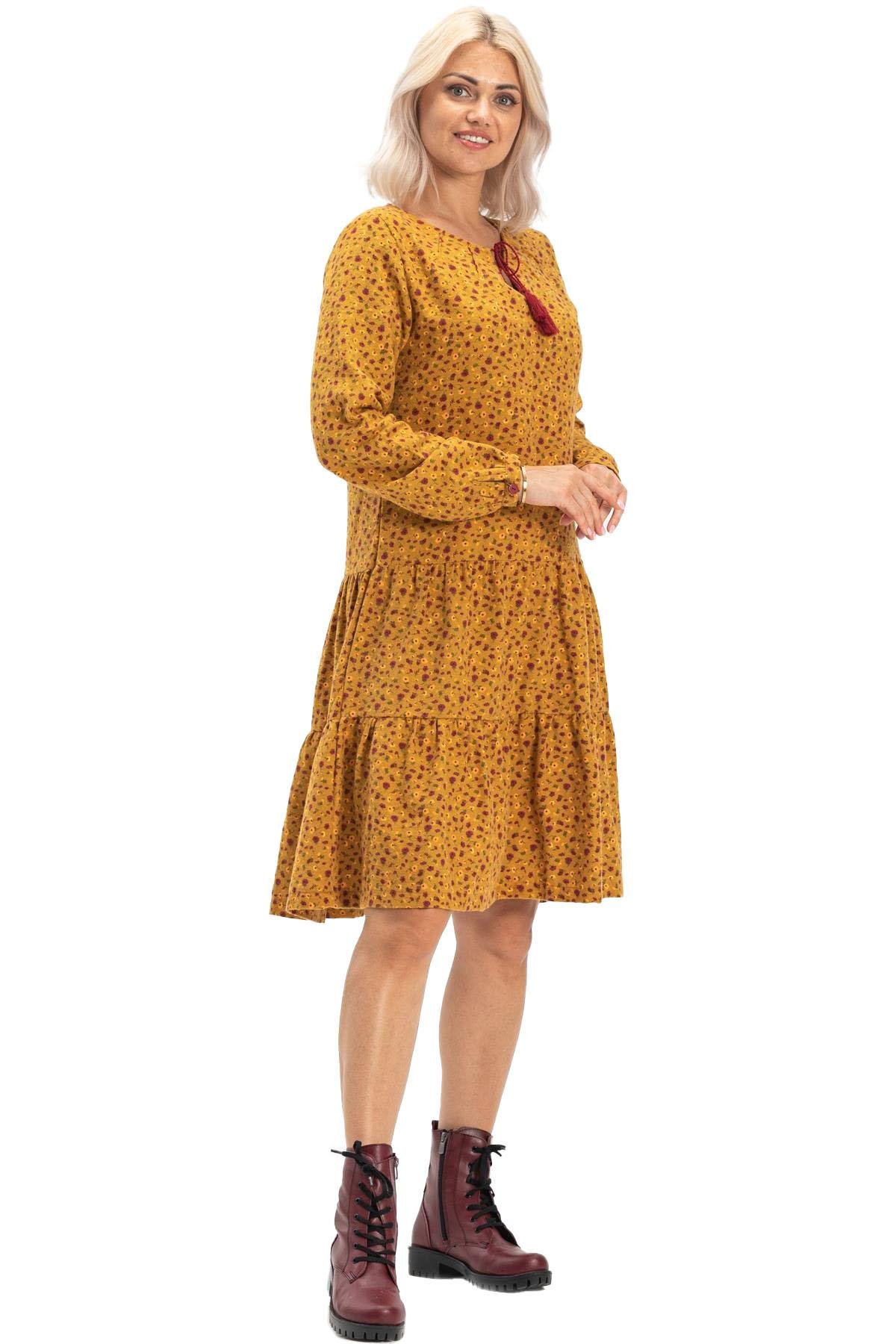 Uzun Kol Alya Pazen Kısa Sonbahar ve Kışlık Elbise Çıtır Desen Hardal Hrd