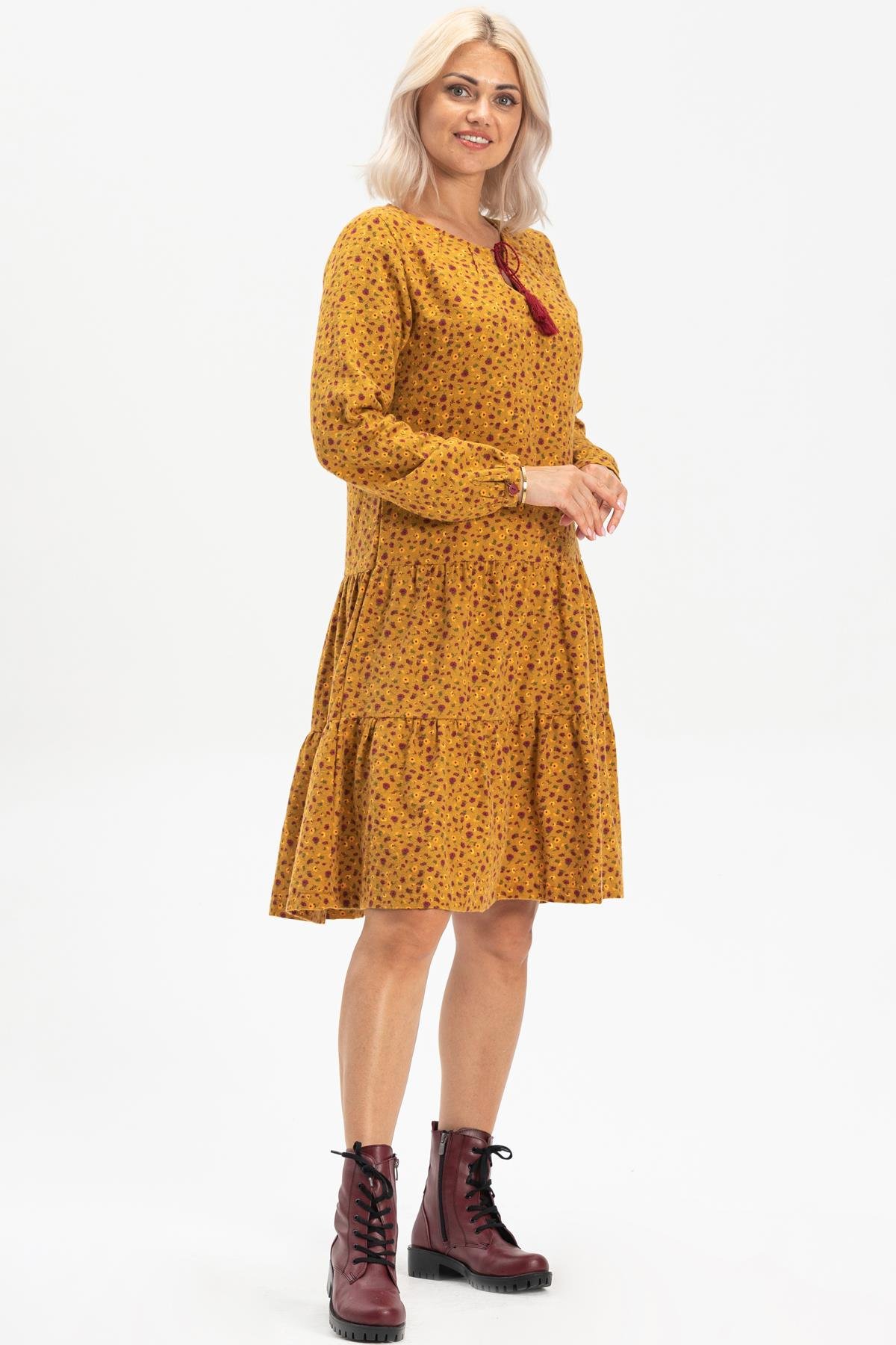 Uzun Kol Alya Pazen Kısa Sonbahar ve Kışlık Elbise Çıtır Desen Hardal Hrd