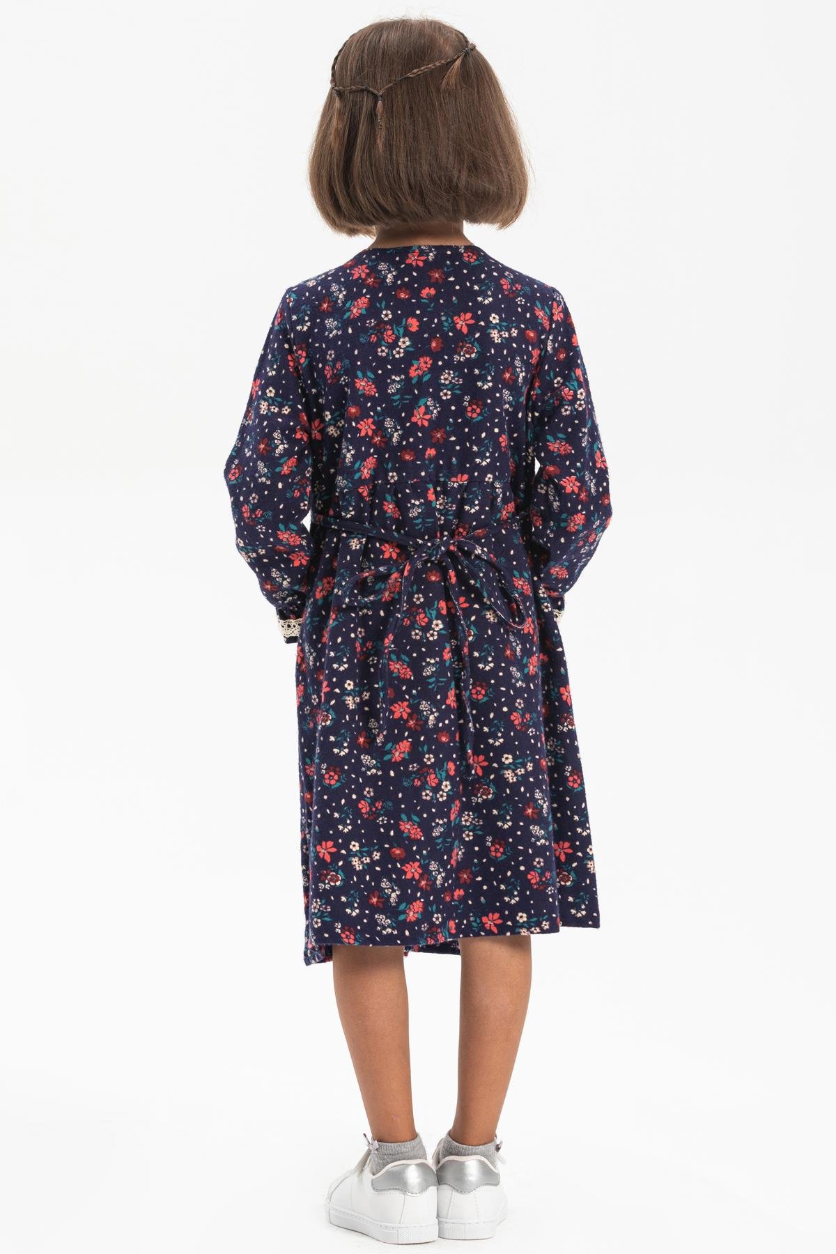 Uzun Kol Asya Yakalı Çocuk Pazen Sonbahar ve Kışlık Elbise Çiçek Desen Lacivert Lcvt
