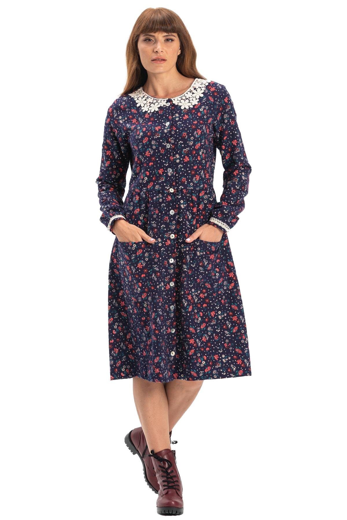 Uzun Kol Asya Yakalı Pazen Kısa Sonbahar ve Kışlık Elbise Çiçek Desen Lacivert Lcvt