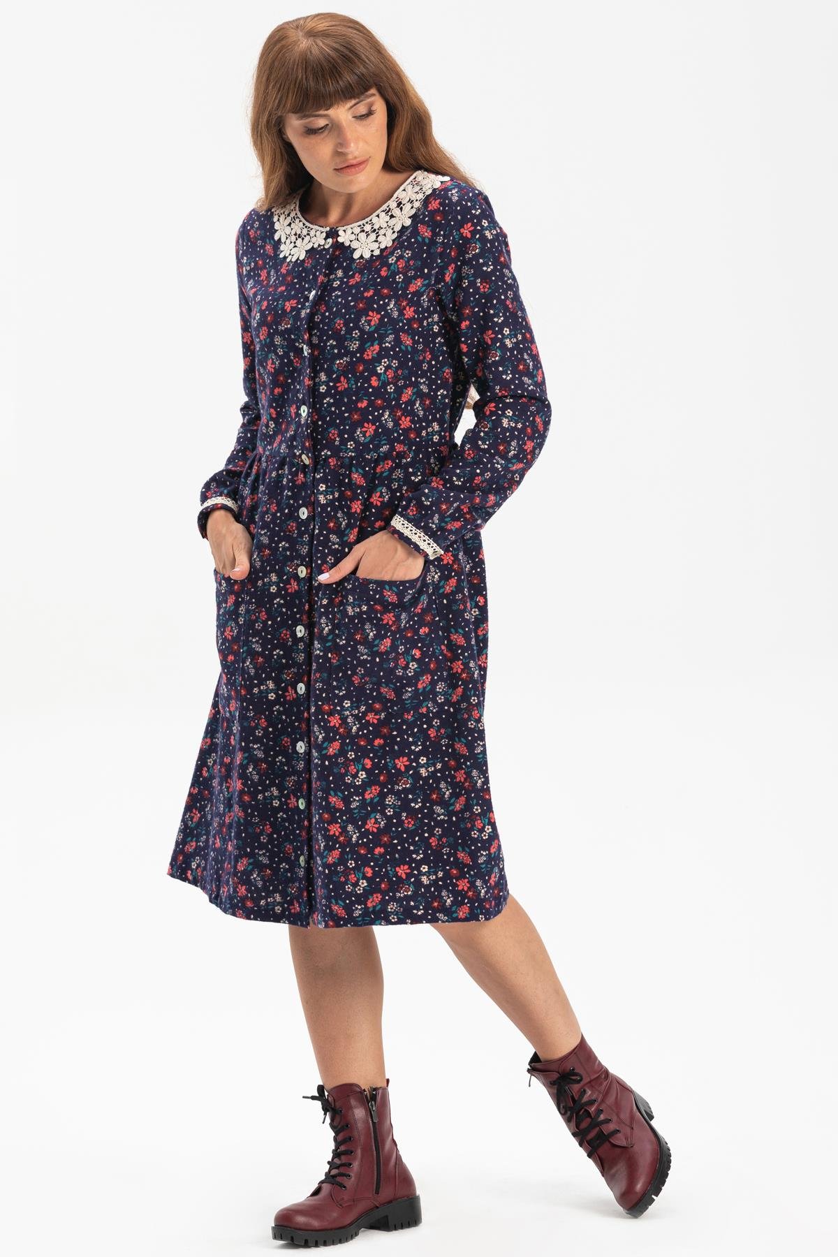 Uzun Kol Asya Yakalı Pazen Kısa Sonbahar ve Kışlık Elbise Çiçek Desen Lacivert Lcvt