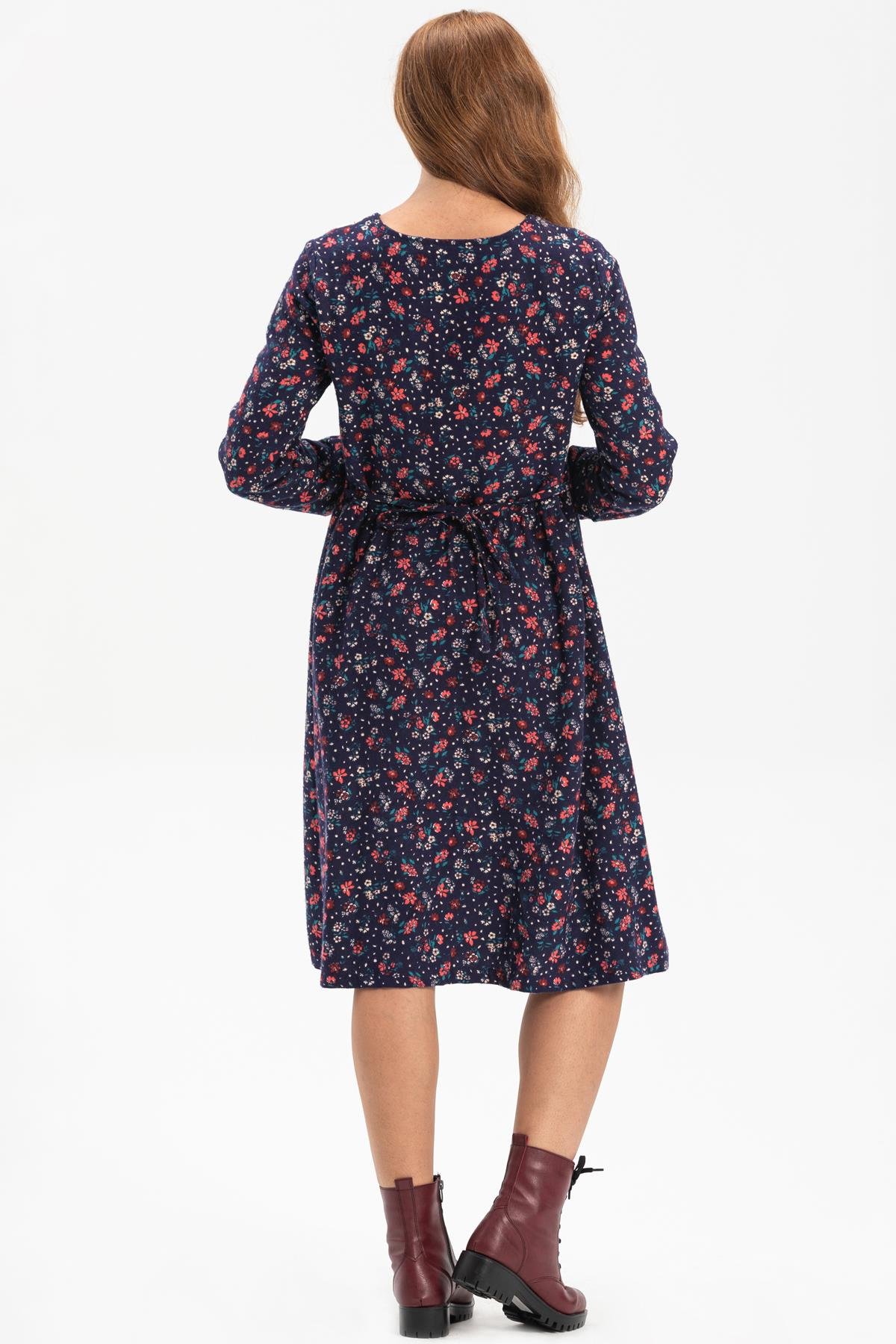 Uzun Kol Asya Yakalı Pazen Kısa Sonbahar ve Kışlık Elbise Çiçek Desen Lacivert Lcvt