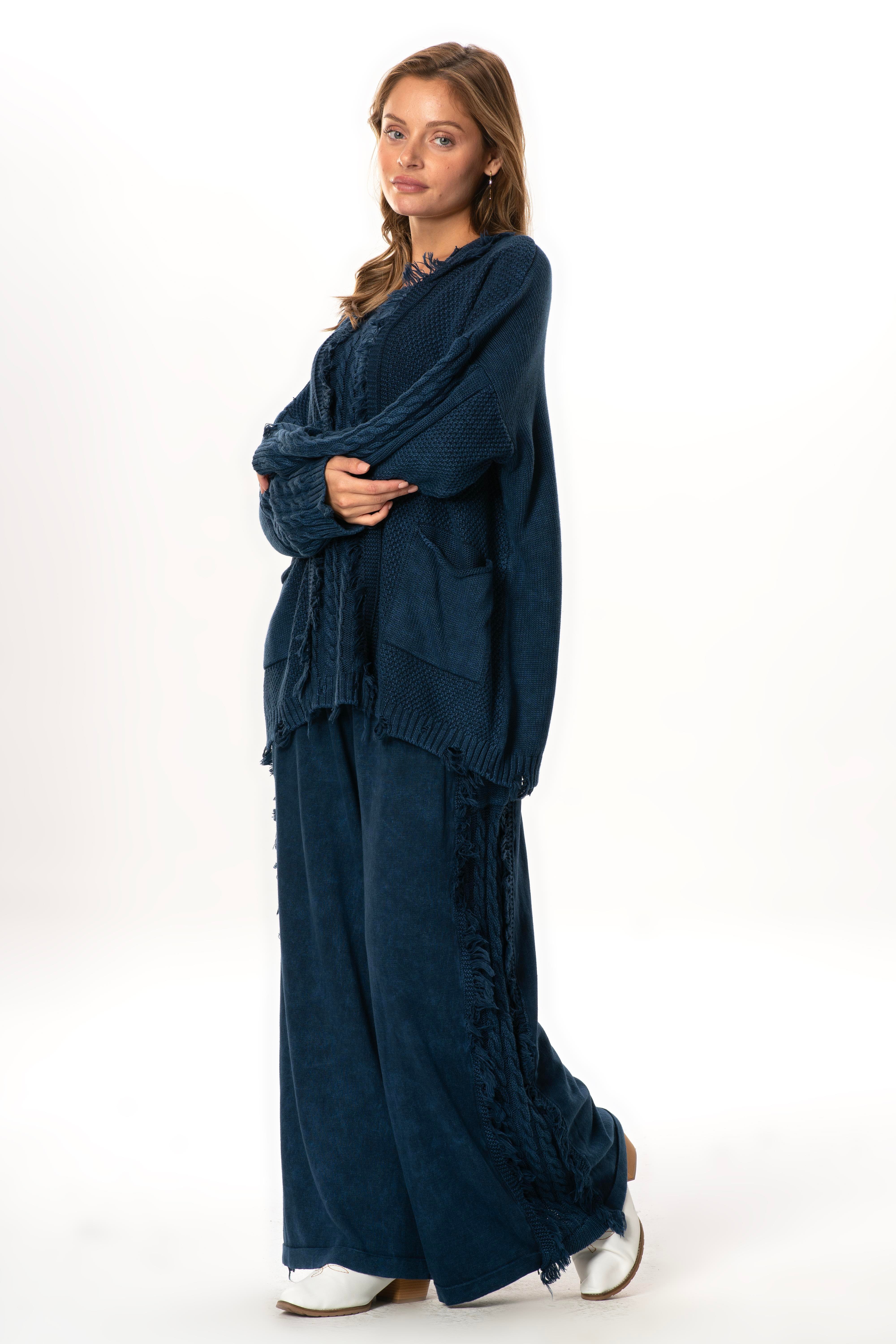 Uzun Kol Aylin Örgü Detaylı Bisiklet Yaka Sonbahar ve Kışlık Triko Bluz Lacivert Lcvt