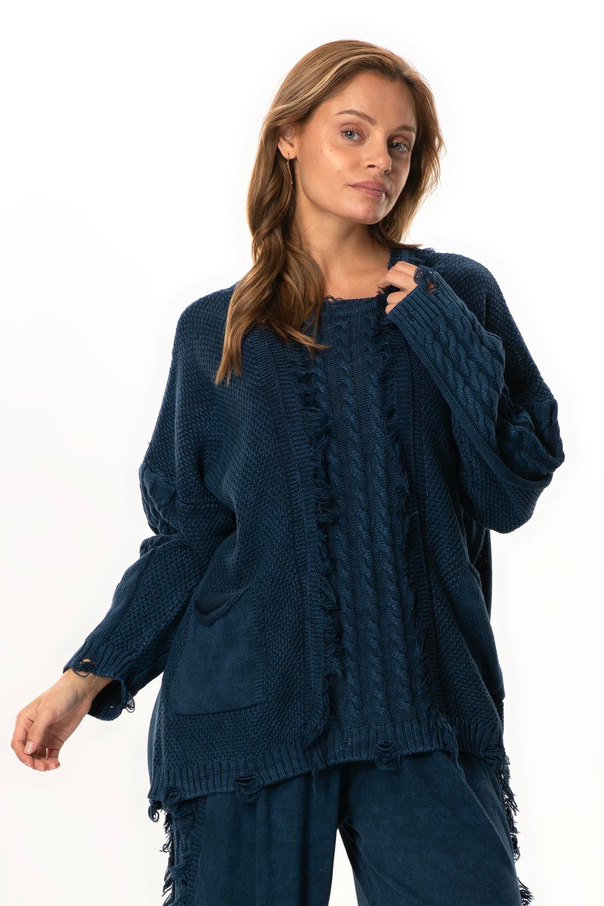 Uzun Kol Aylin Örgü Detaylı Bisiklet Yaka Sonbahar ve Kışlık Triko Bluz Lacivert Lcvt