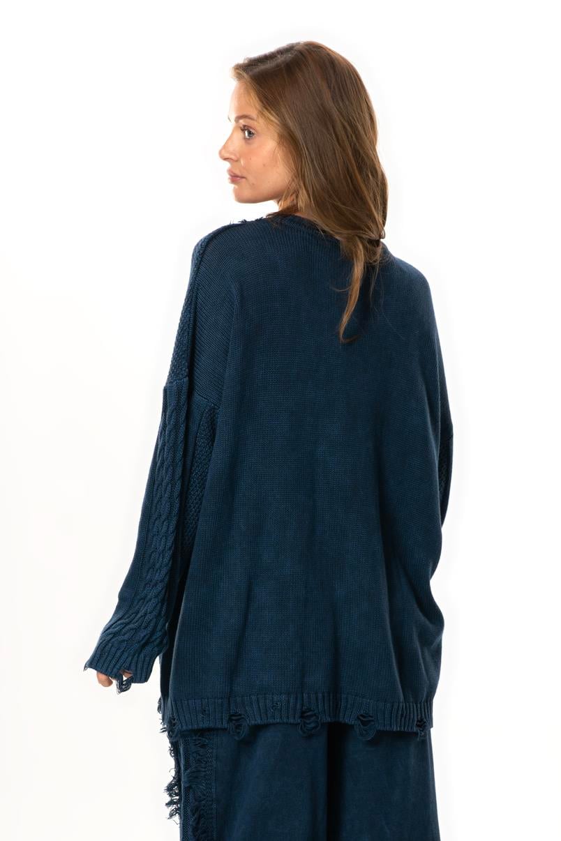 Uzun Kol Aylin Örgü Detaylı Bisiklet Yaka Sonbahar ve Kışlık Triko Bluz Lacivert Lcvt