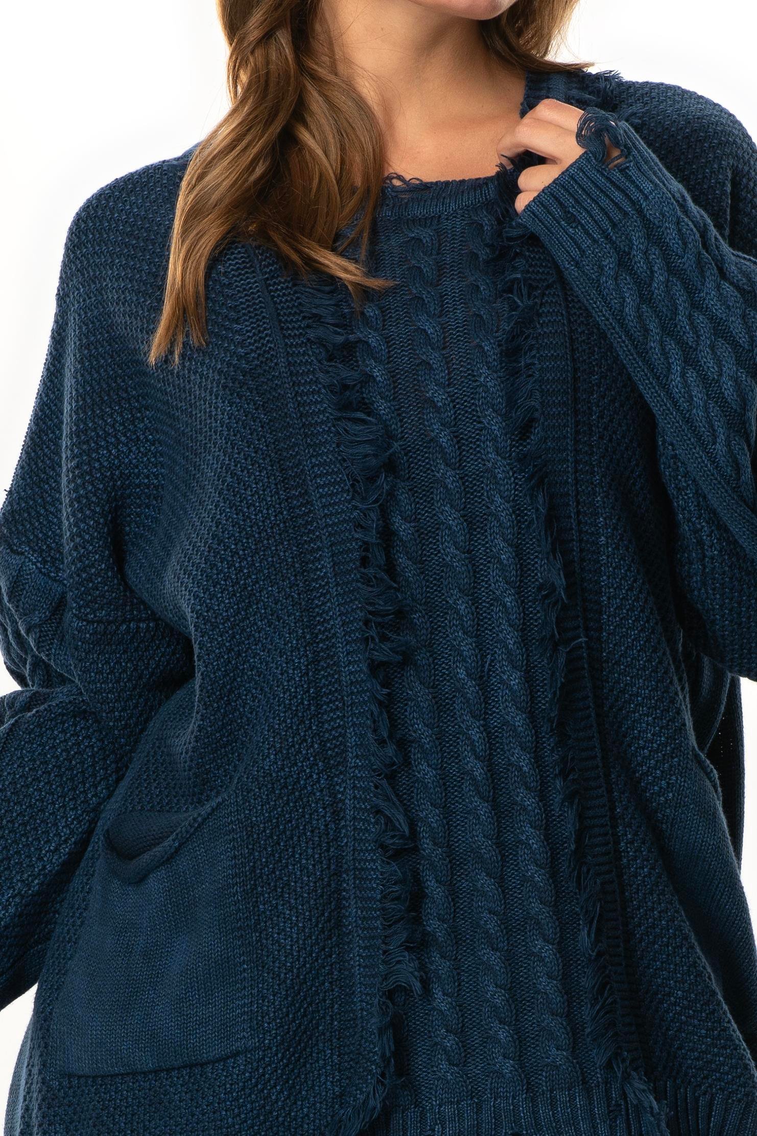 Uzun Kol Aylin Örgü Detaylı Bisiklet Yaka Sonbahar ve Kışlık Triko Bluz Lacivert Lcvt