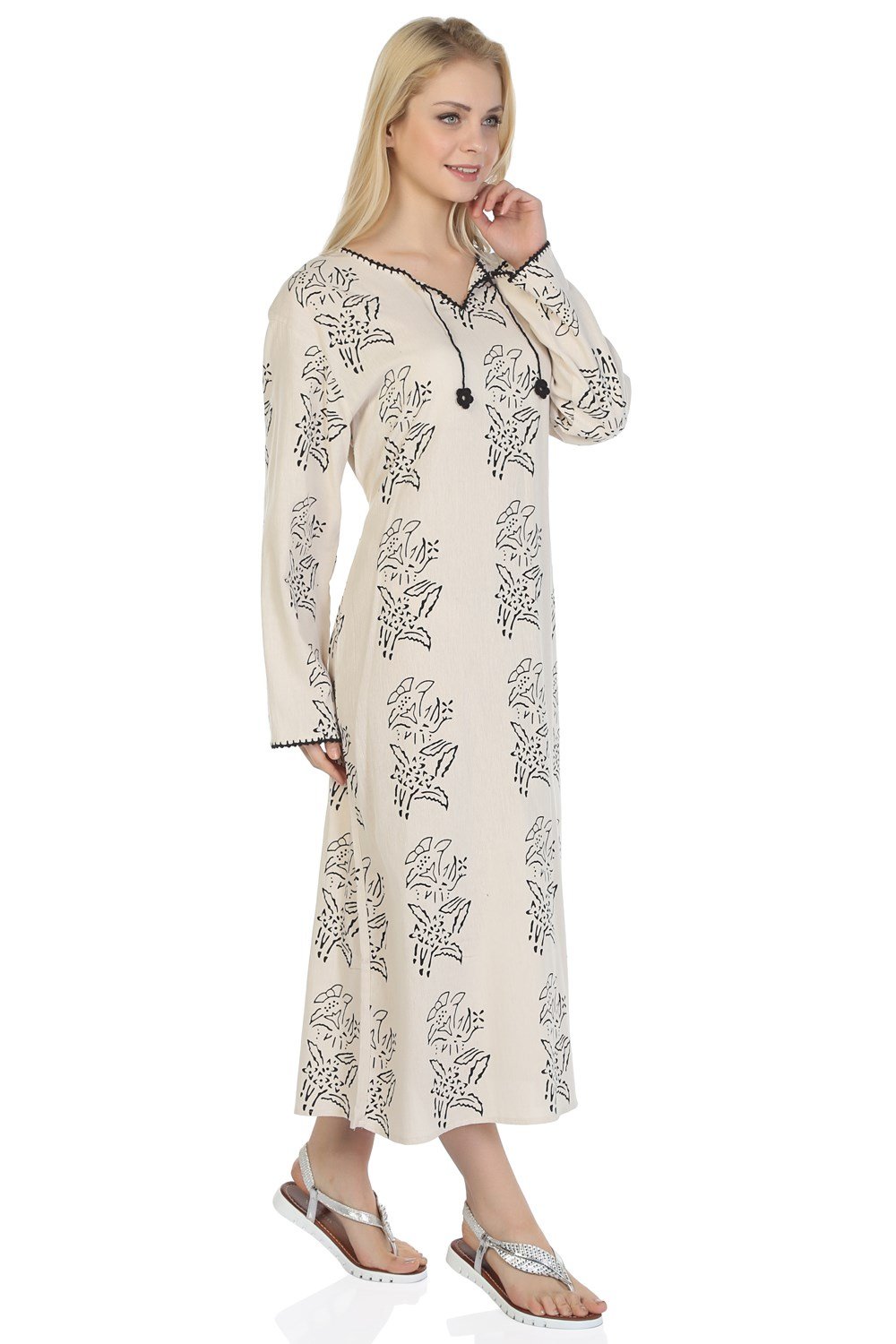 Uzun Kol Baskılı Elbise Zambak Desen Taş