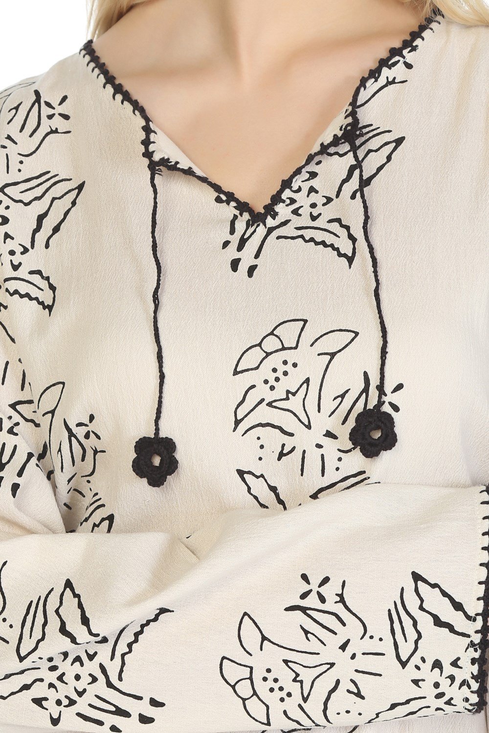 Uzun Kol Baskılı Elbise Zambak Desen Taş