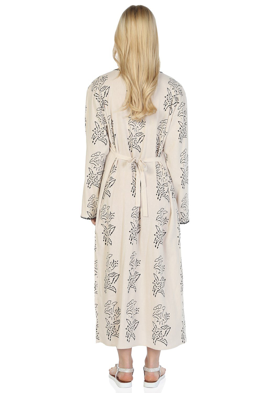 Uzun Kol Baskılı Elbise Zambak Desen Taş