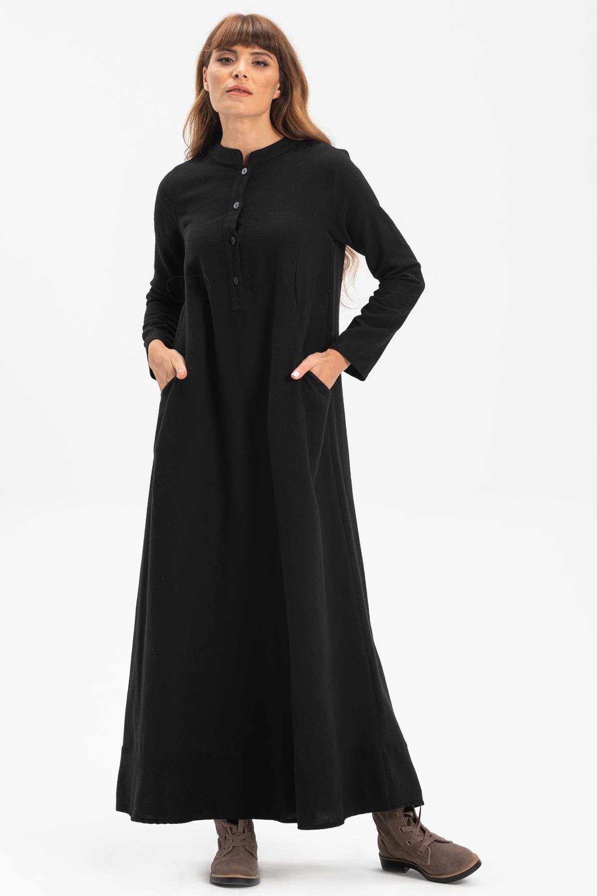 Long Sleeve Flannel Beril Long Dress Black