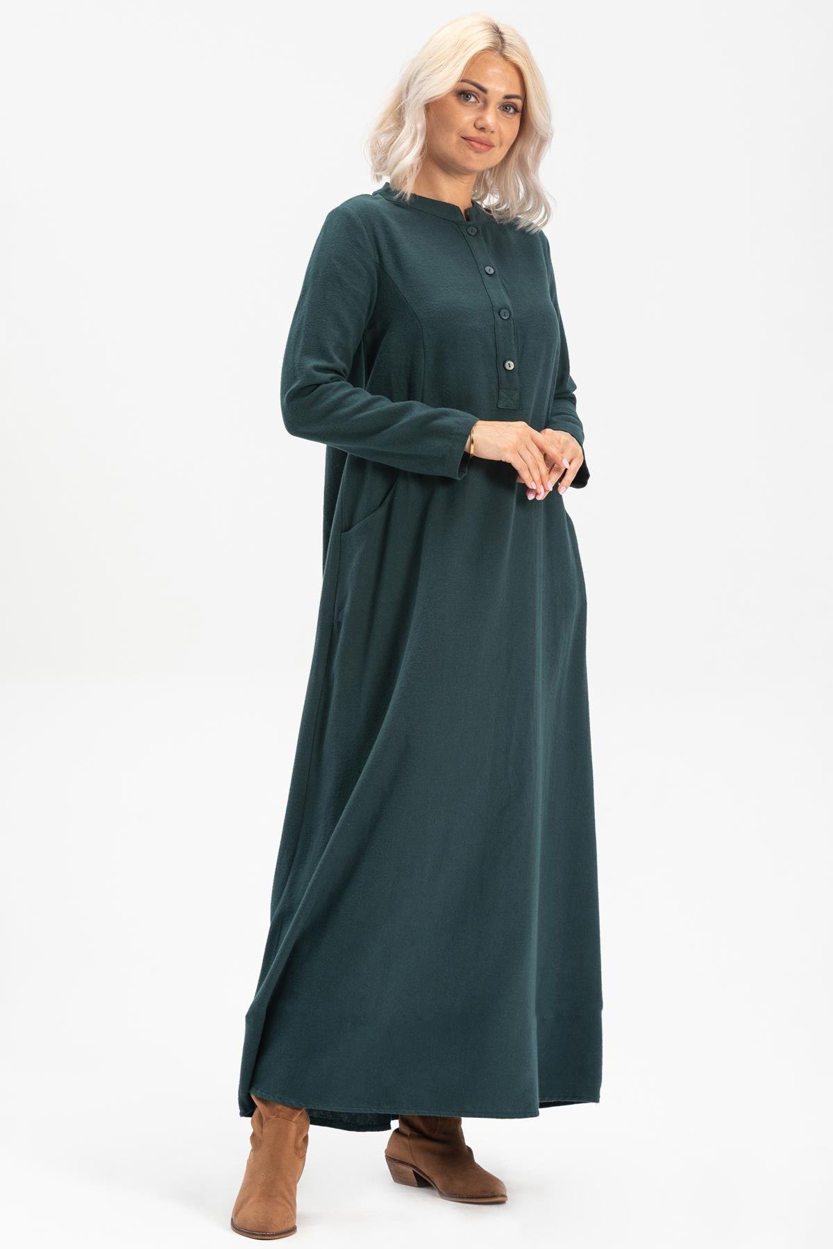 Long Sleeve Flannel Beril Long Dress Petrol