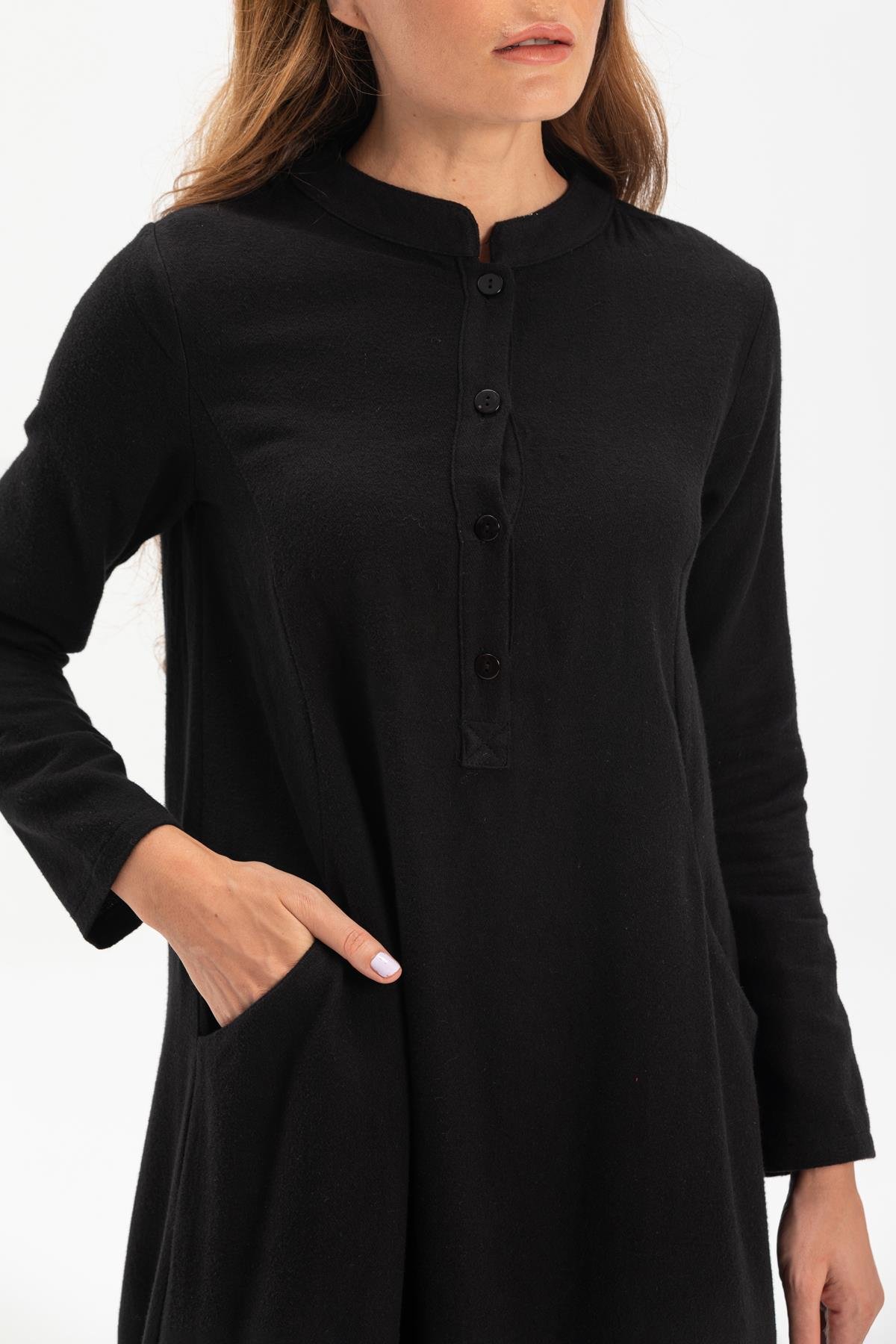 Long Sleeve Flannel Beril Long Dress Black