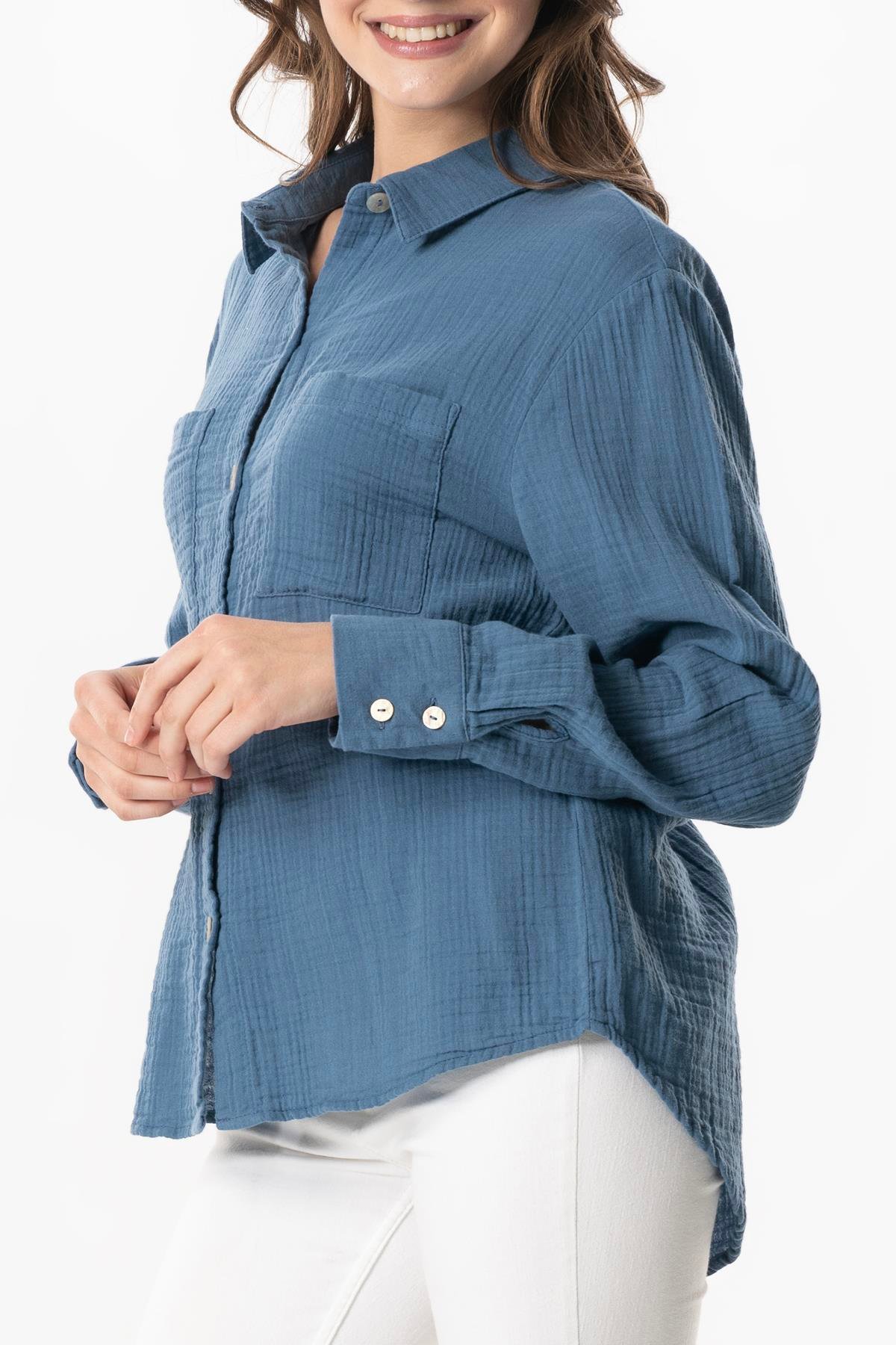 Uzun Kol Burcu Cep Detaylı Müslin Yazlık Gömlek İndigo indg