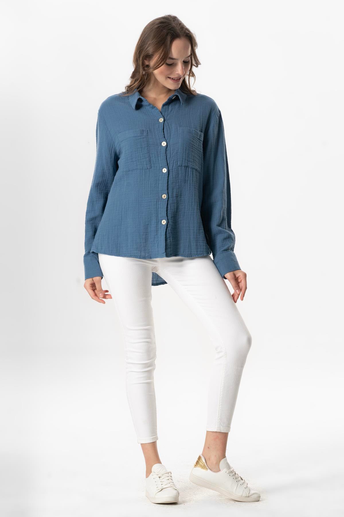 Uzun Kol Burcu Cep Detaylı Müslin Yazlık Gömlek İndigo indg