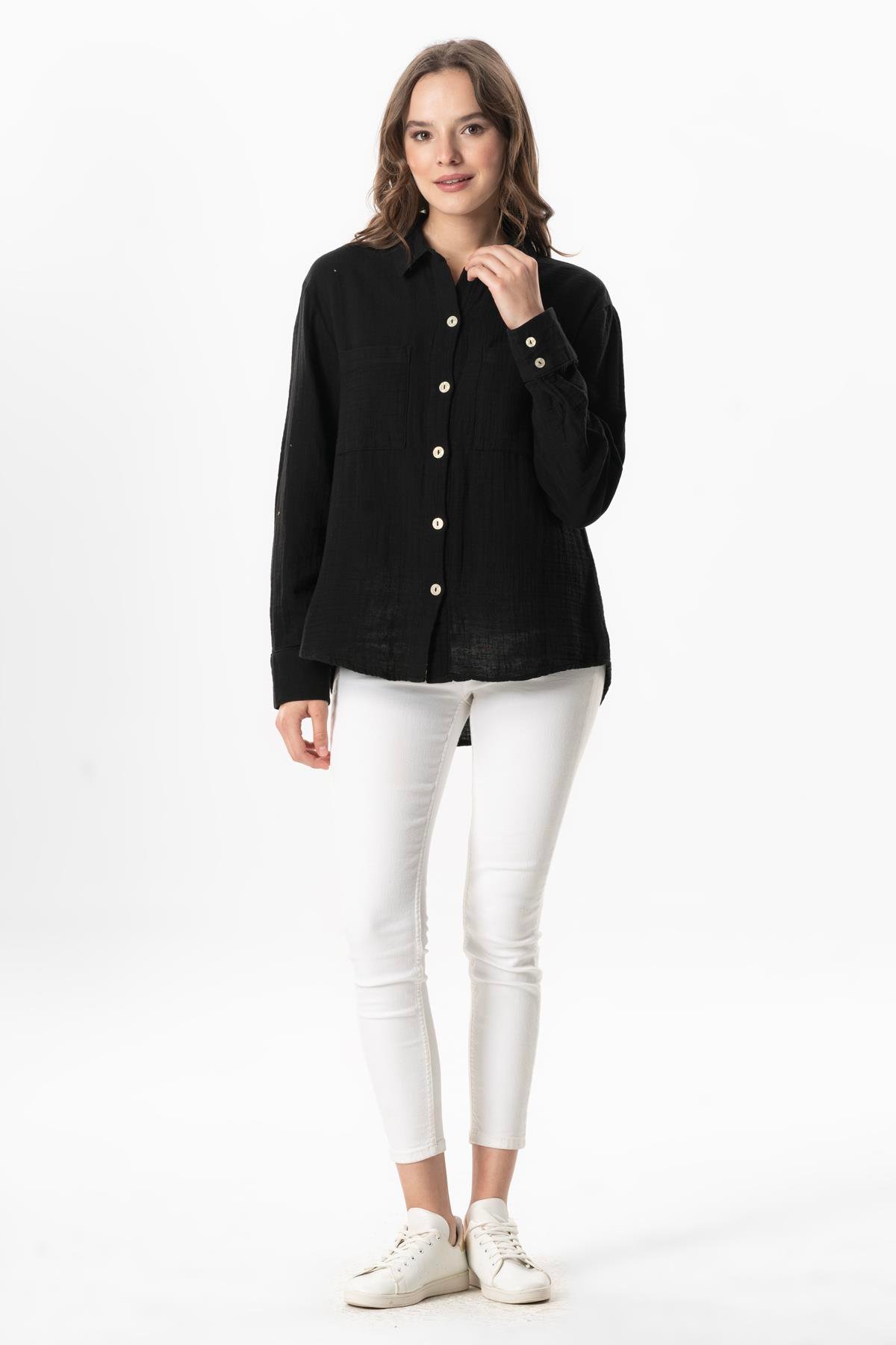 Uzun Kol Burcu Cep Detaylı Müslin Yazlık Gömlek Siyah Syh