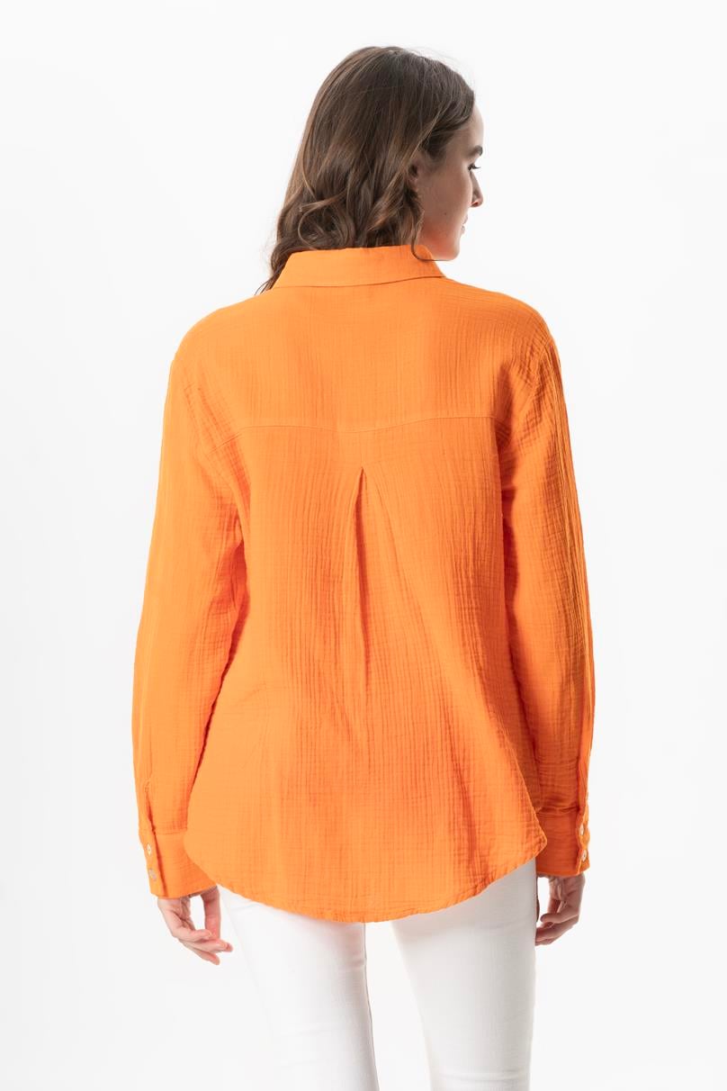 Uzun Kol Burcu Cep Detaylı Müslin Yazlık Gömlek Turuncu Trnc