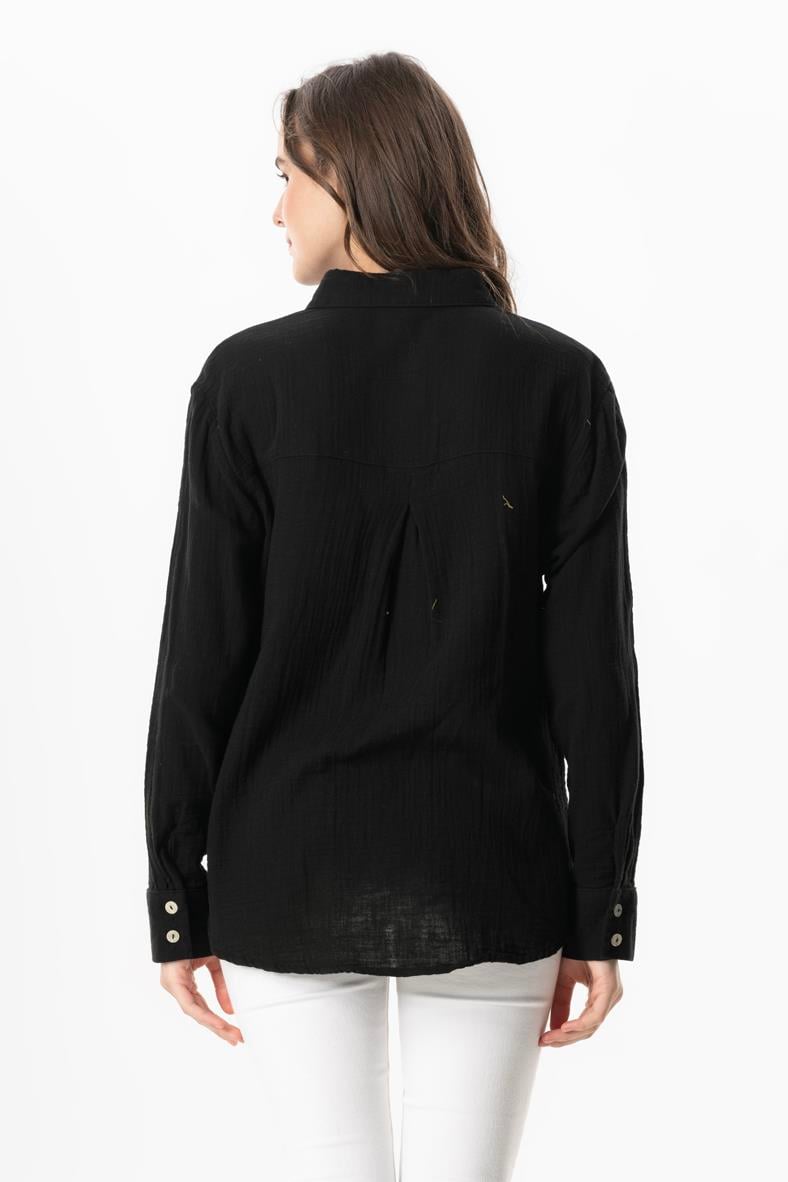 Uzun Kol Burcu Cep Detaylı Müslin Yazlık Gömlek Siyah Syh