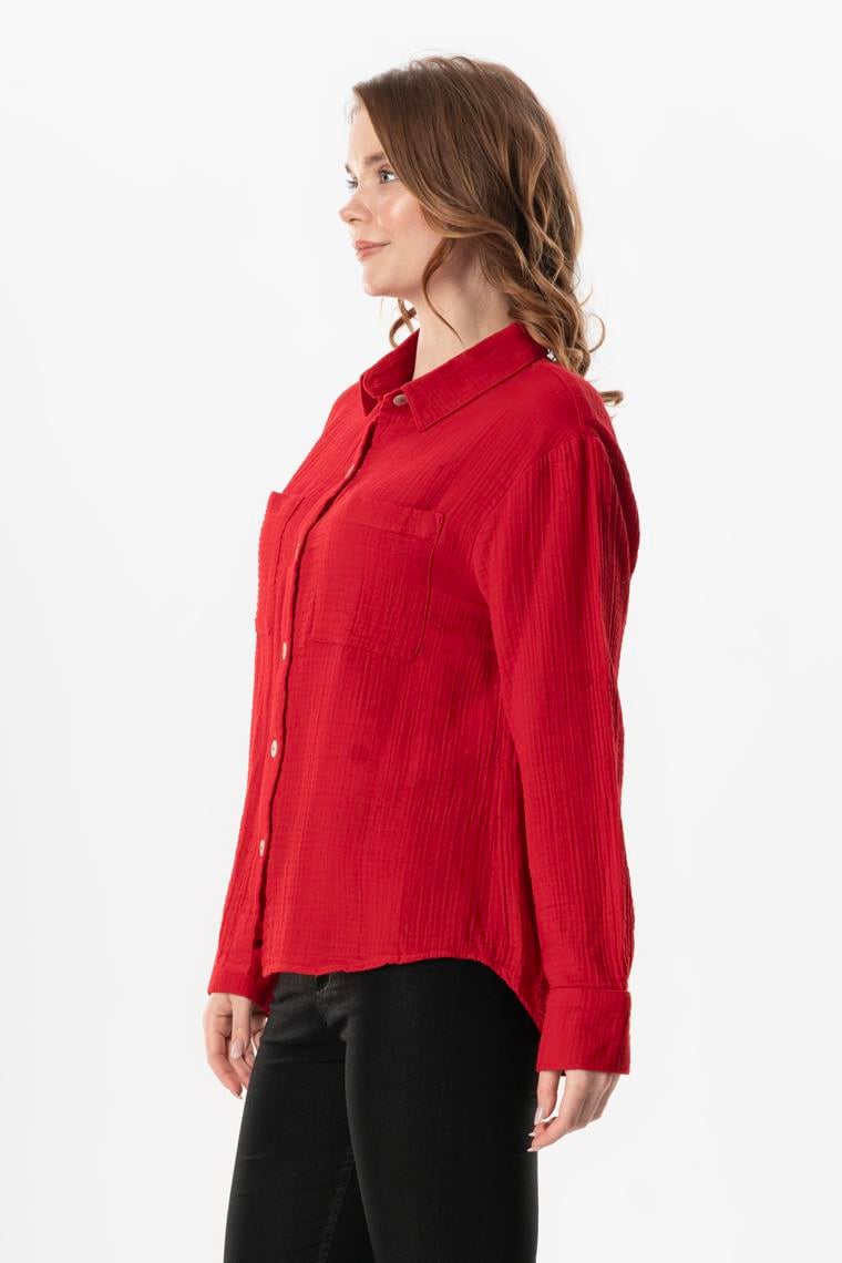 Uzun Kol Burcu Cep Detaylı Müslin Yazlık Gömlek Kırmızı Krmz