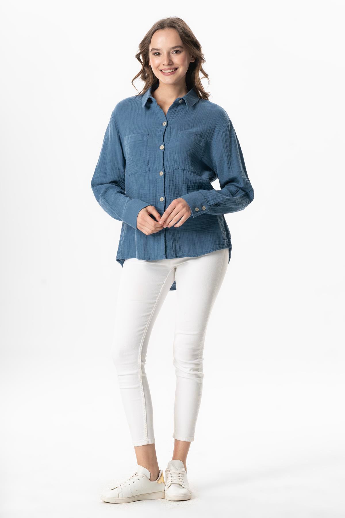 Uzun Kol Burcu Cep Detaylı Müslin Yazlık Gömlek İndigo indg