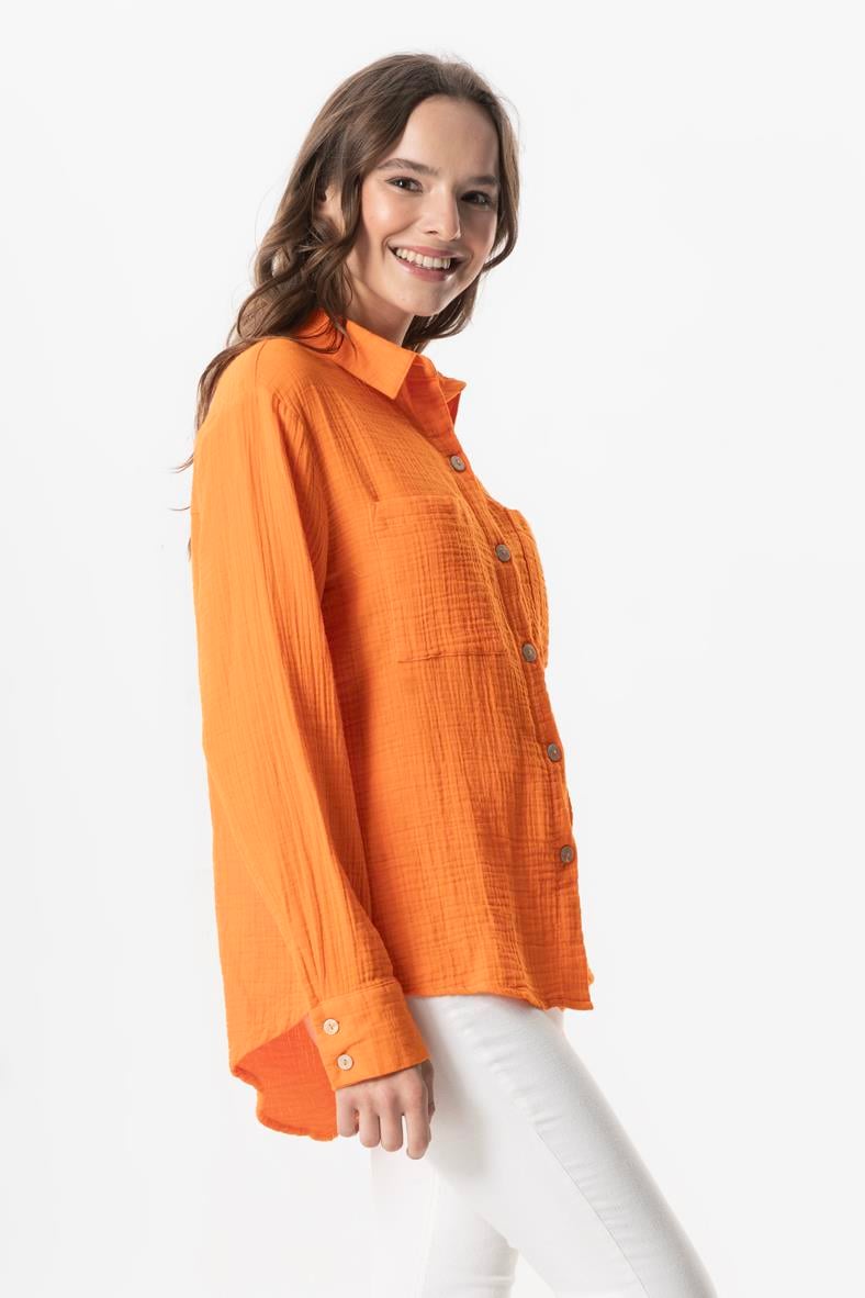 Uzun Kol Burcu Cep Detaylı Müslin Yazlık Gömlek Turuncu Trnc