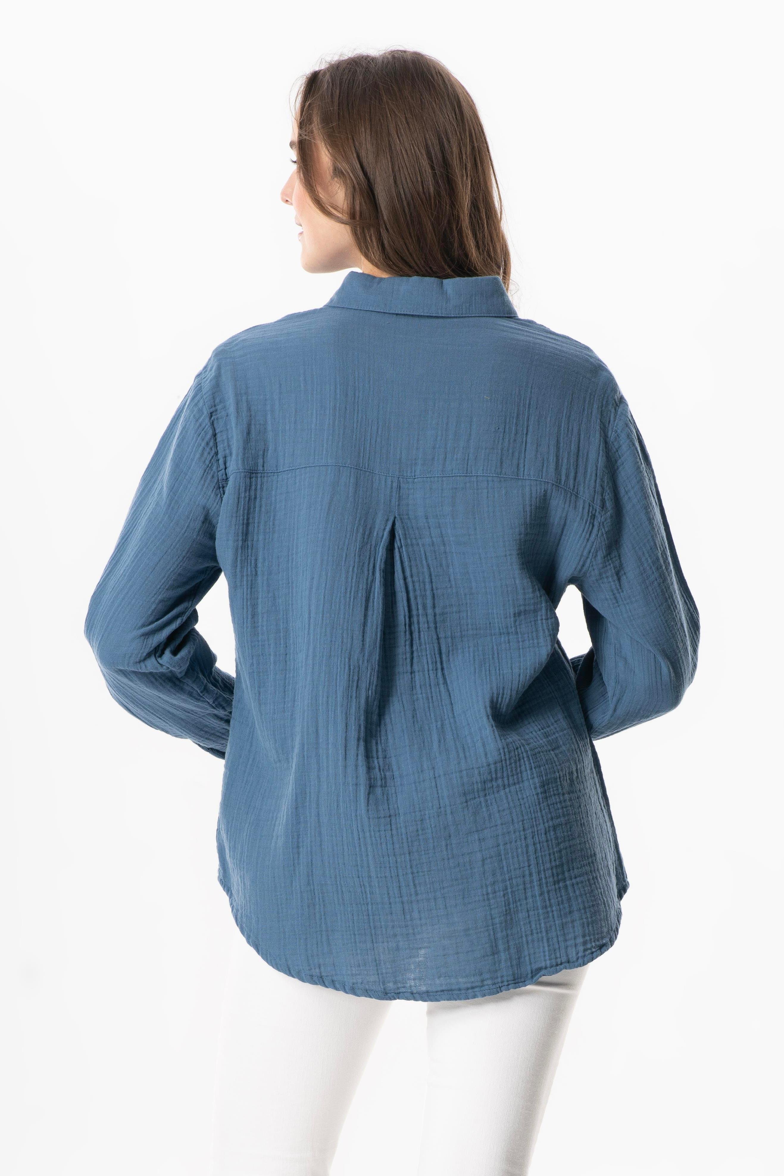 Uzun Kol Burcu Cep Detaylı Müslin Yazlık Gömlek İndigo indg