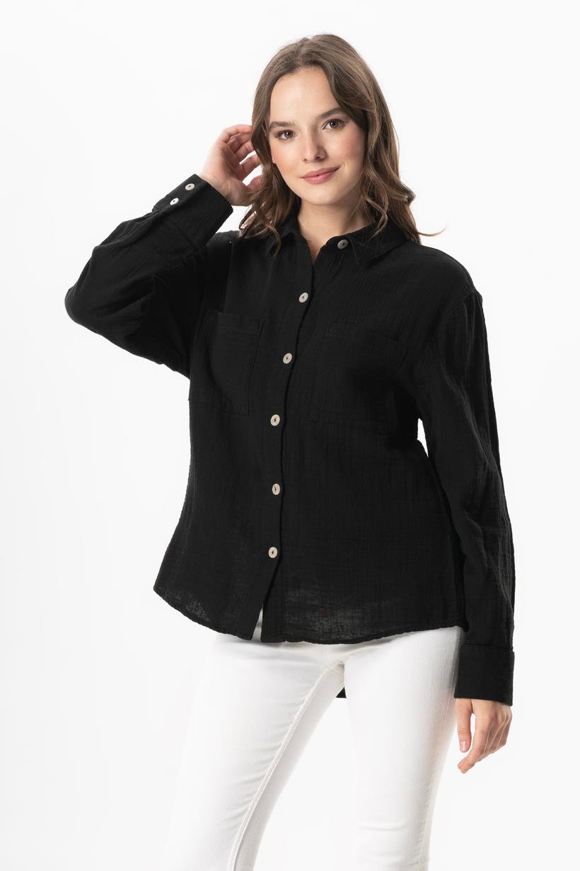 Uzun Kol Burcu Cep Detaylı Müslin Yazlık Gömlek Siyah Syh