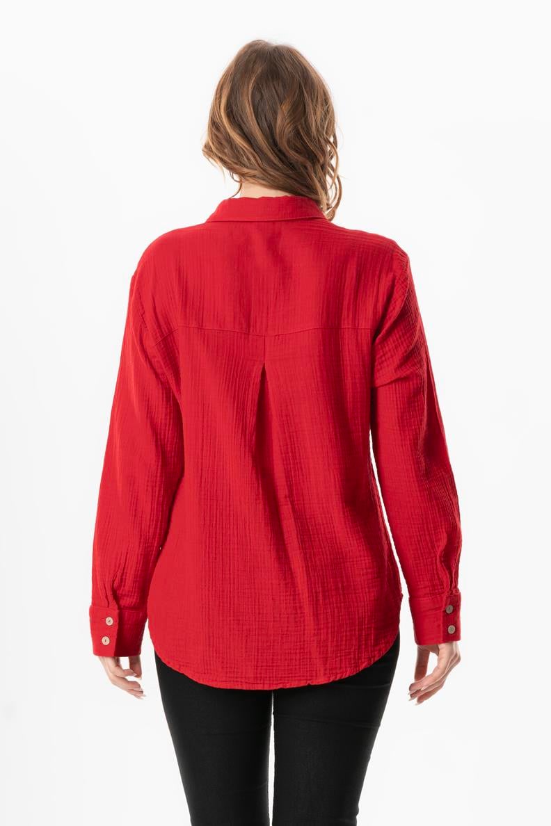 Uzun Kol Burcu Cep Detaylı Müslin Yazlık Gömlek Kırmızı Krmz
