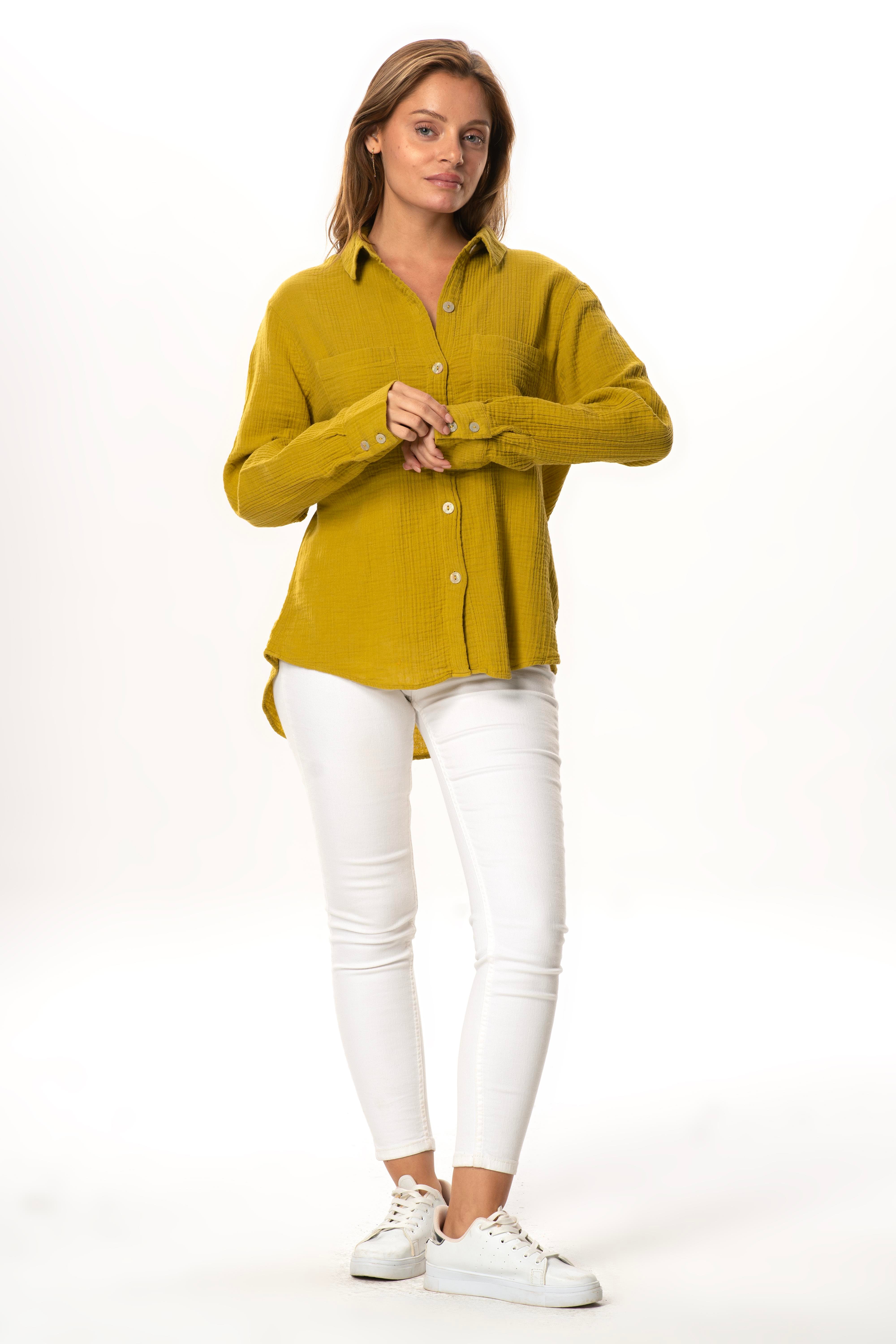 Uzun Kol Burcu Cep Detaylı Müslin Yazlık Gömlek Yağ Yeşili Ygysl