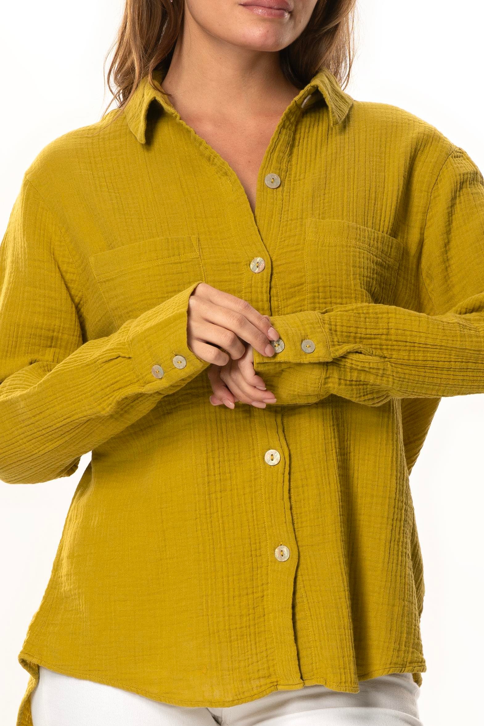 Uzun Kol Burcu Cep Detaylı Müslin Yazlık Gömlek Yağ Yeşili Ygysl