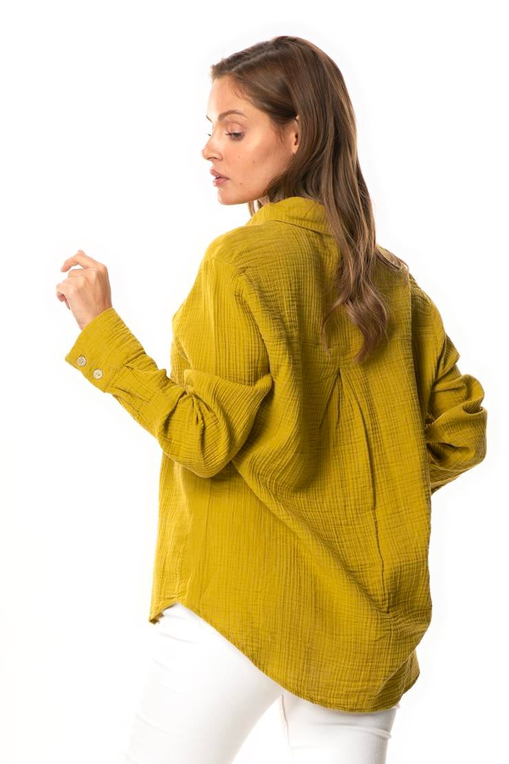 Uzun Kol Burcu Cep Detaylı Müslin Yazlık Gömlek Yağ Yeşili Ygysl