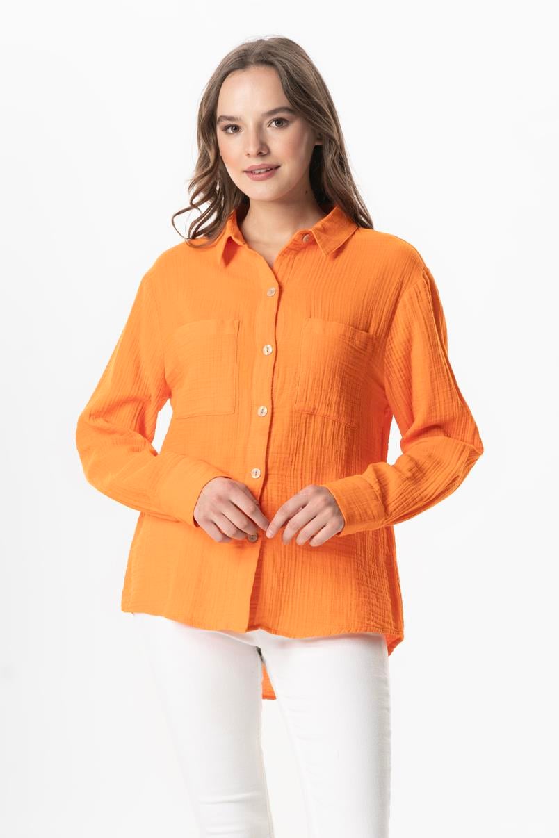 Uzun Kol Burcu Cep Detaylı Müslin Yazlık Gömlek Turuncu Trnc