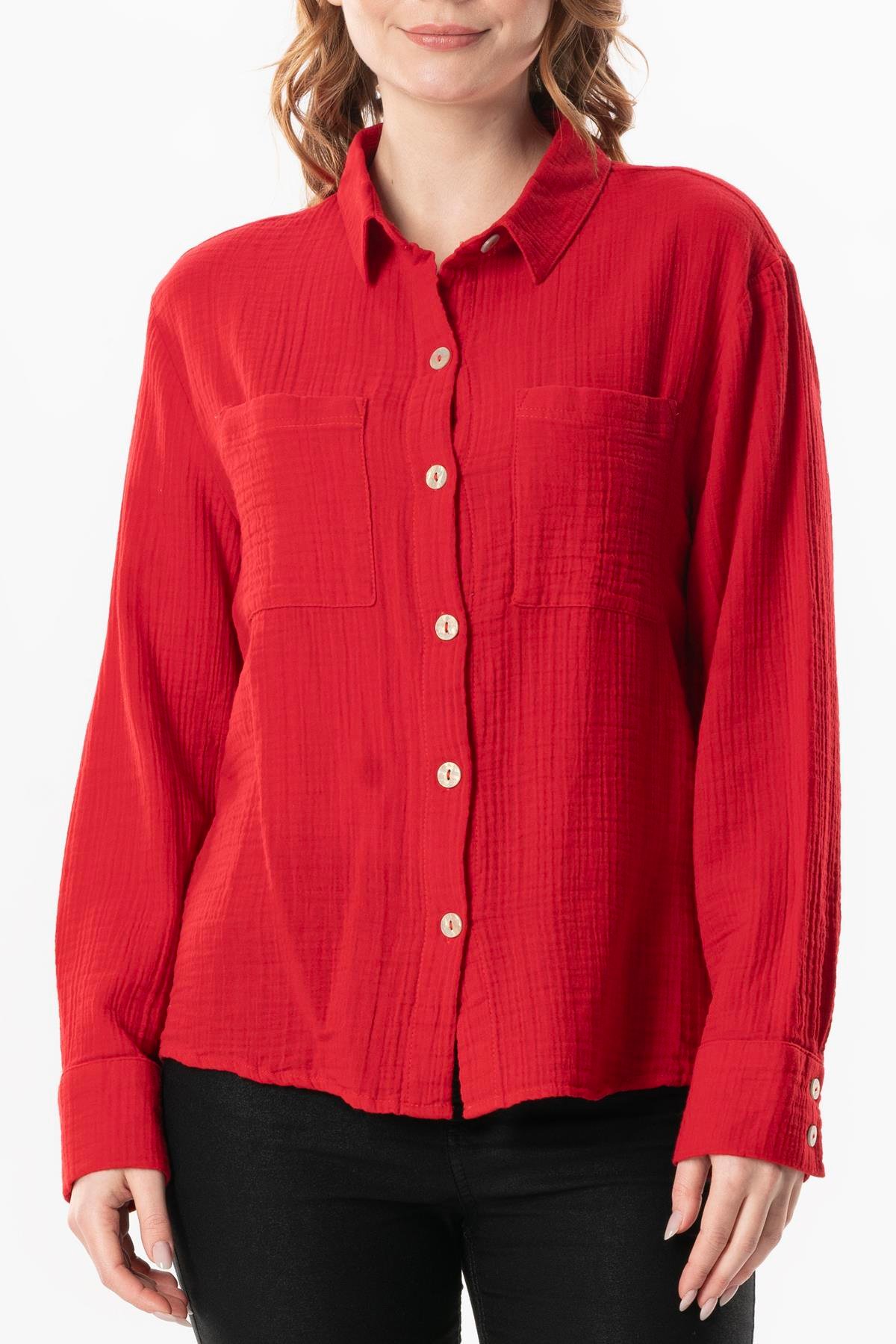 Uzun Kol Burcu Cep Detaylı Müslin Yazlık Gömlek Kırmızı Krmz