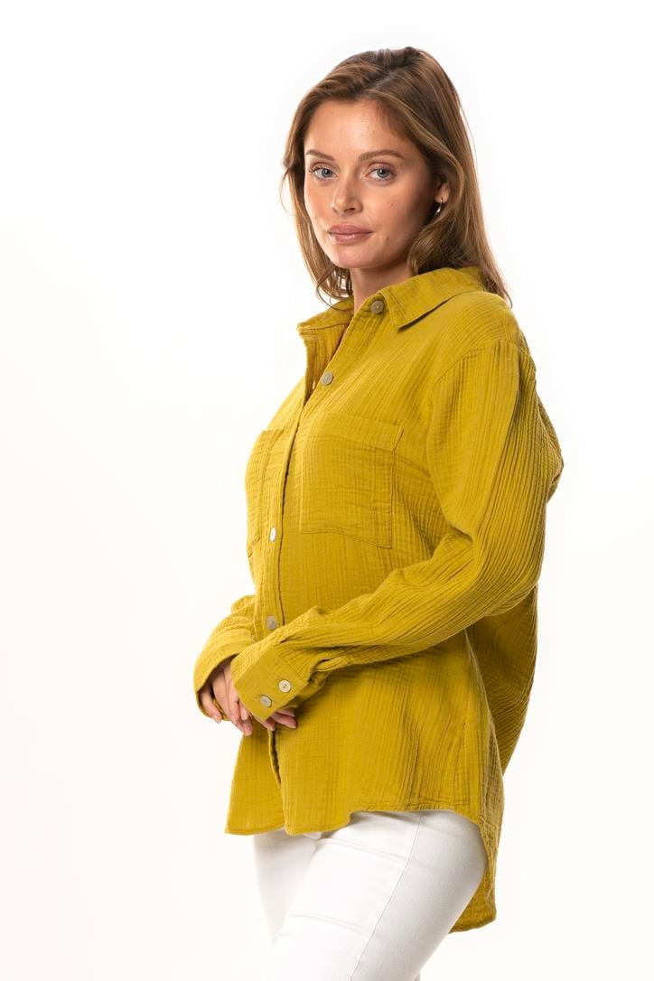 Uzun Kol Burcu Cep Detaylı Müslin Yazlık Gömlek Yağ Yeşili Ygysl