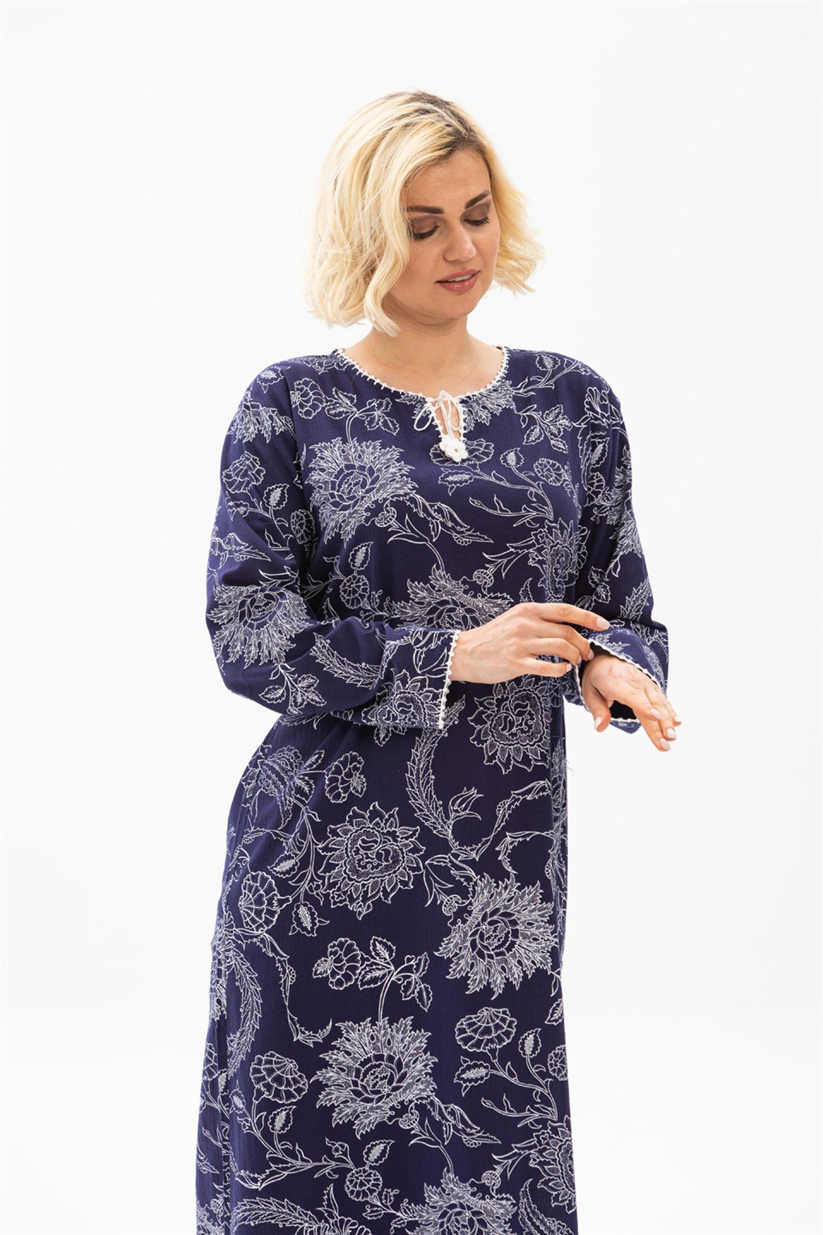 Uzun Kol Büyük Beden Şile Bezi Baskılı Uzun Elbise Çınar Desen Mor Mor