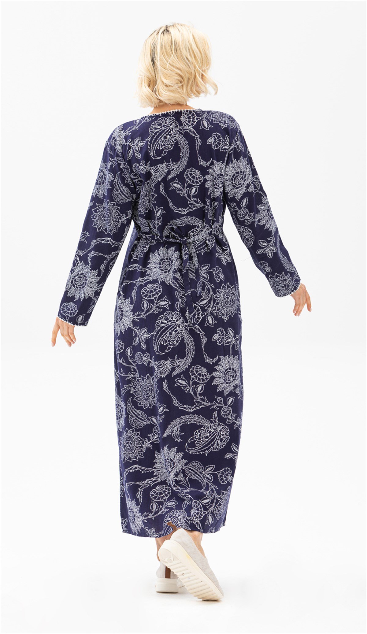 Uzun Kol Büyük Beden Şile Bezi Baskılı Uzun Elbise Çınar Desen Mor Mor