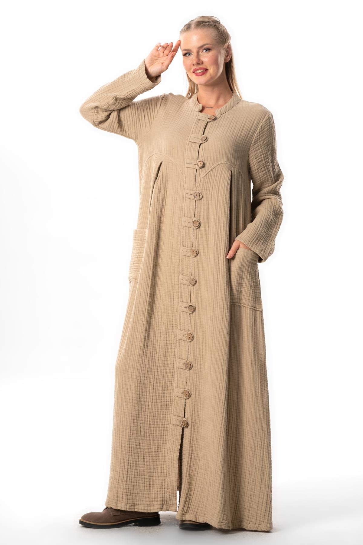 Uzun Kol Cennet Hakim Yaka Düğme Detaylı Sonbahar ve Kışlık Cepli Double Müslin Ferace Vizon Vzn