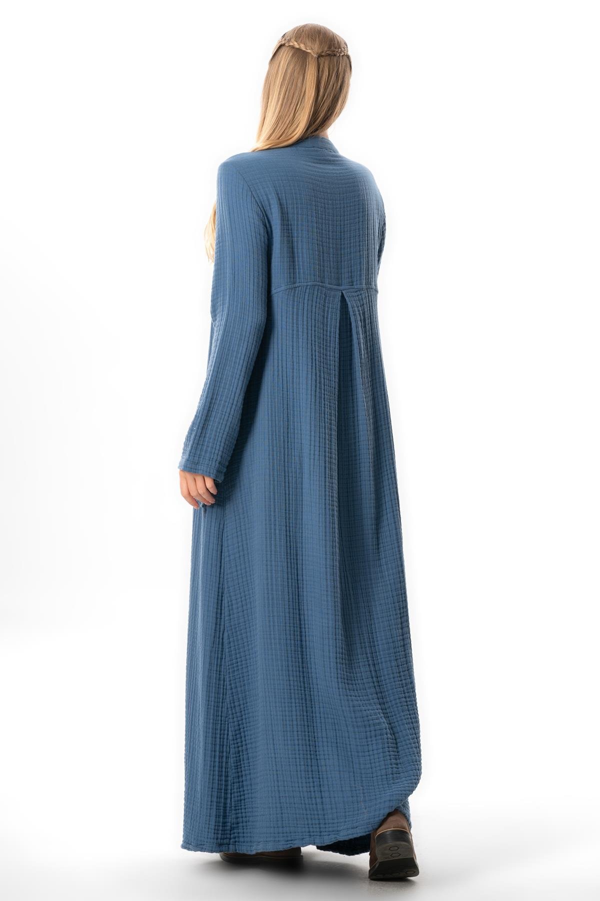 Uzun Kol Cennet Hakim Yaka Düğme Detaylı Sonbahar ve Kışlık Cepli Double Müslin Ferace İndigo indg