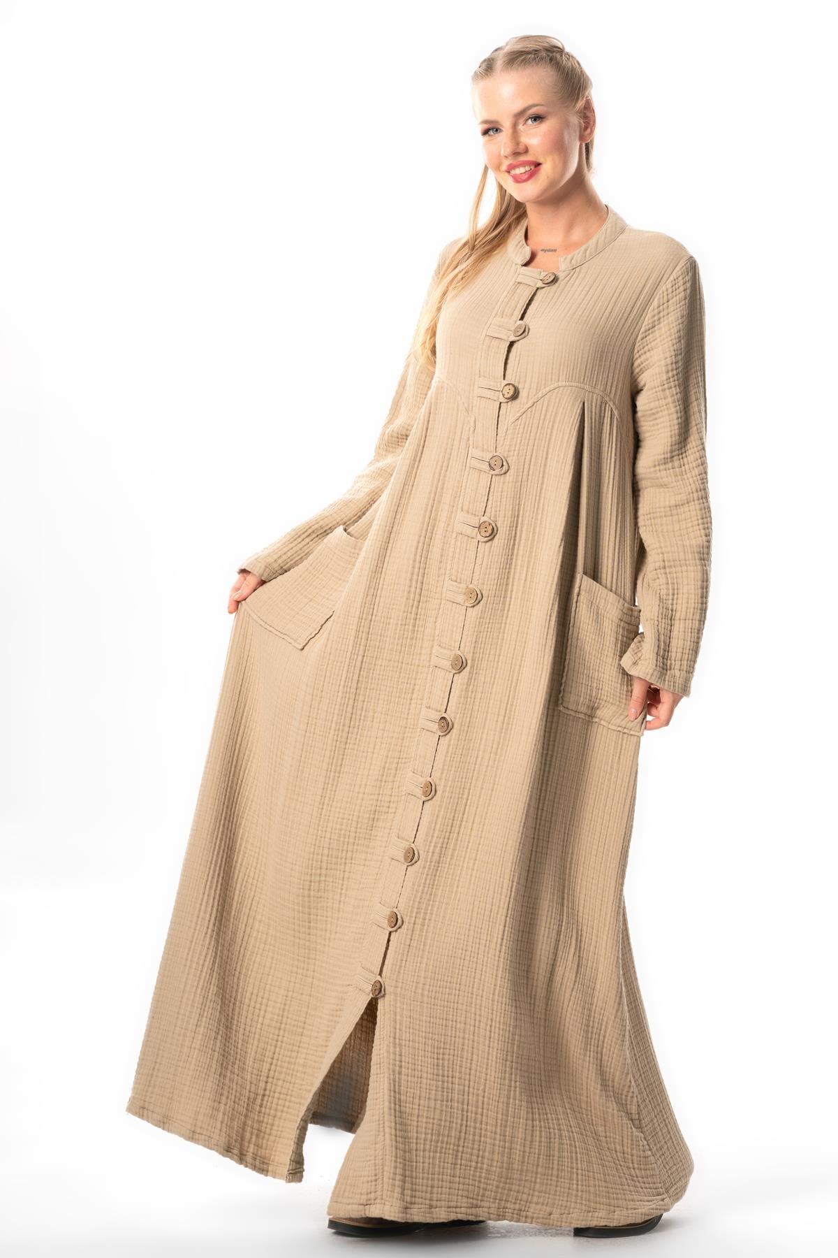 Uzun Kol Cennet Hakim Yaka Düğme Detaylı Sonbahar ve Kışlık Cepli Double Müslin Ferace Vizon Vzn