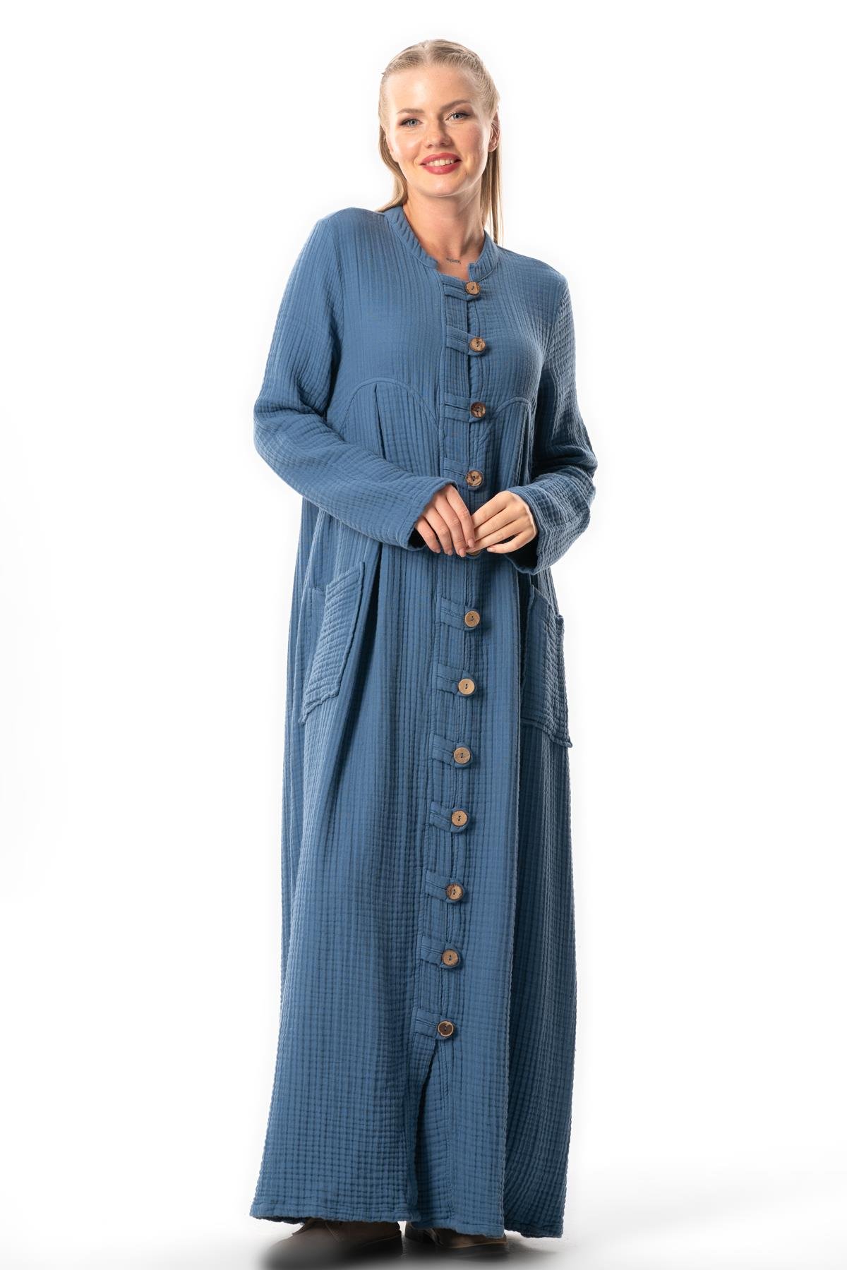 Uzun Kol Cennet Hakim Yaka Düğme Detaylı Sonbahar ve Kışlık Cepli Double Müslin Ferace İndigo indg